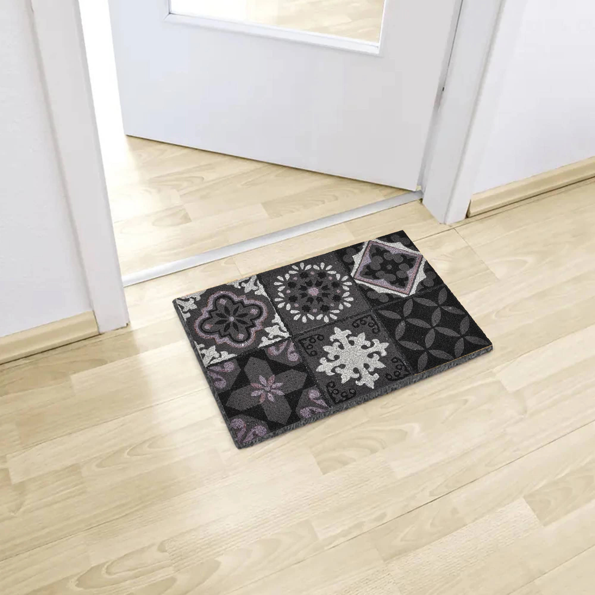 Evideco French Home Goods Gray Cement Tile Coir Doormat 24 x 16 Inches