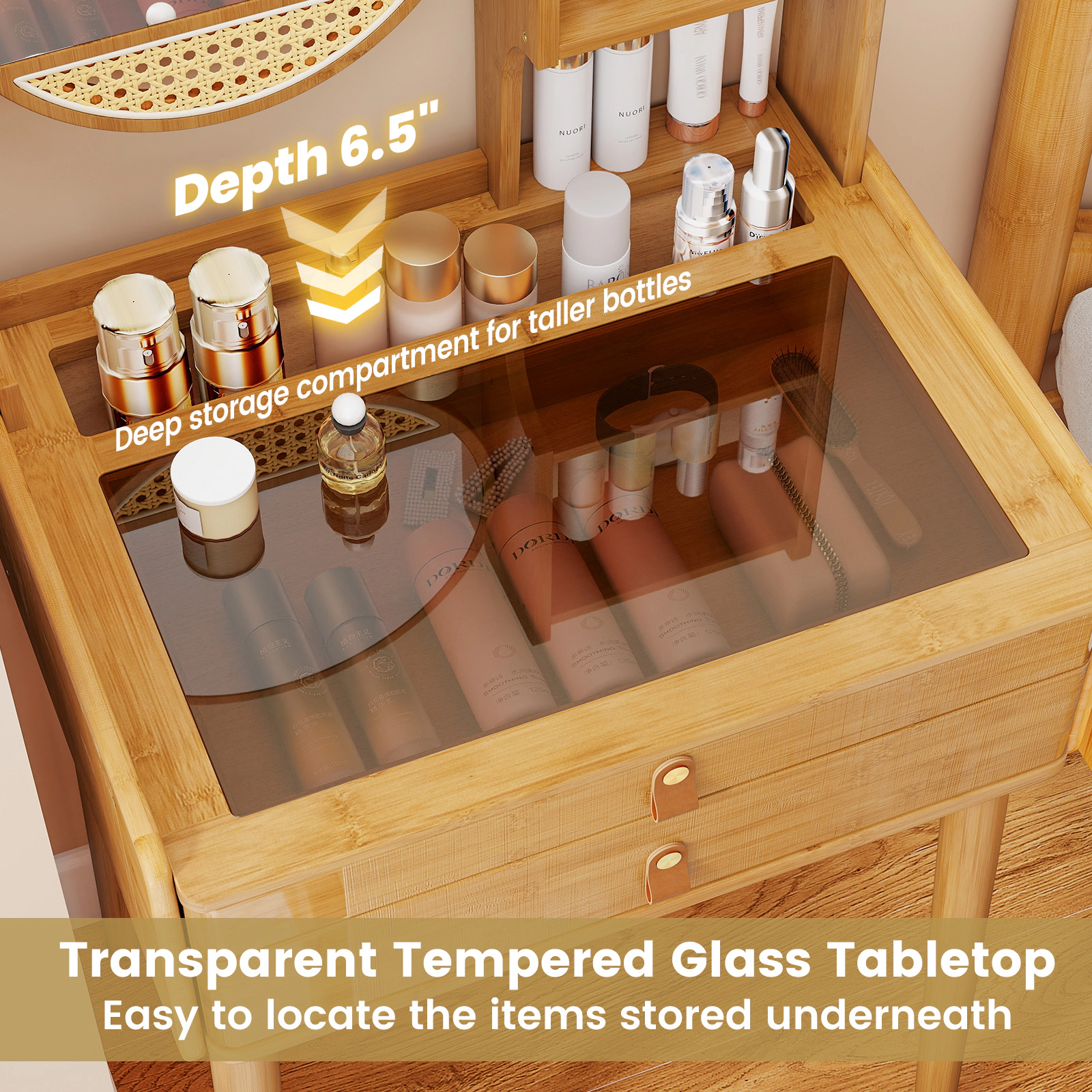 SUGIFT Small Bamboo Vanity Desk and Stool Set Natural with Mirror and 2 Drawers