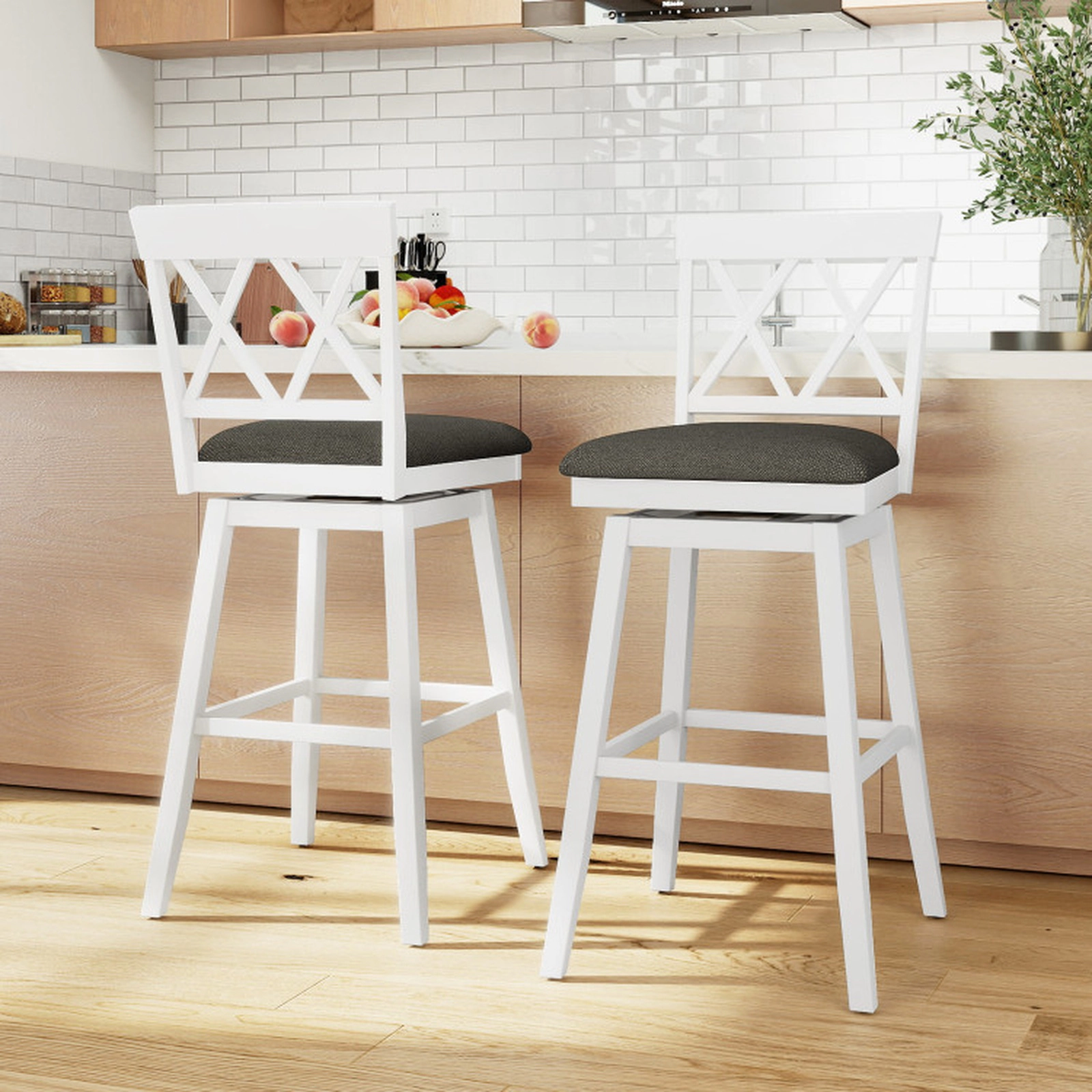SUGIFT 360° Swivel Counter Height Bar Stool Set of 4 with Curved Backrest 330-lb Capacity 29-in Seat Oak/White
