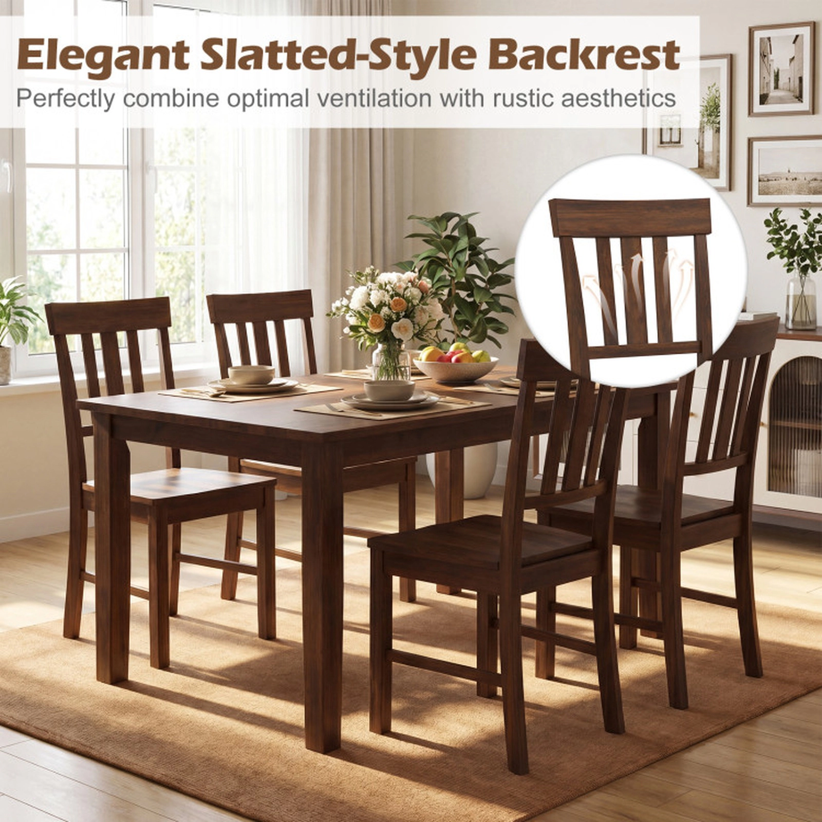 SUGIFT Set of 4 Dark Brown Rubber Wood Dining Chairs with High Slat Backrests 17-in W 38-in H 397-lb Per Chair