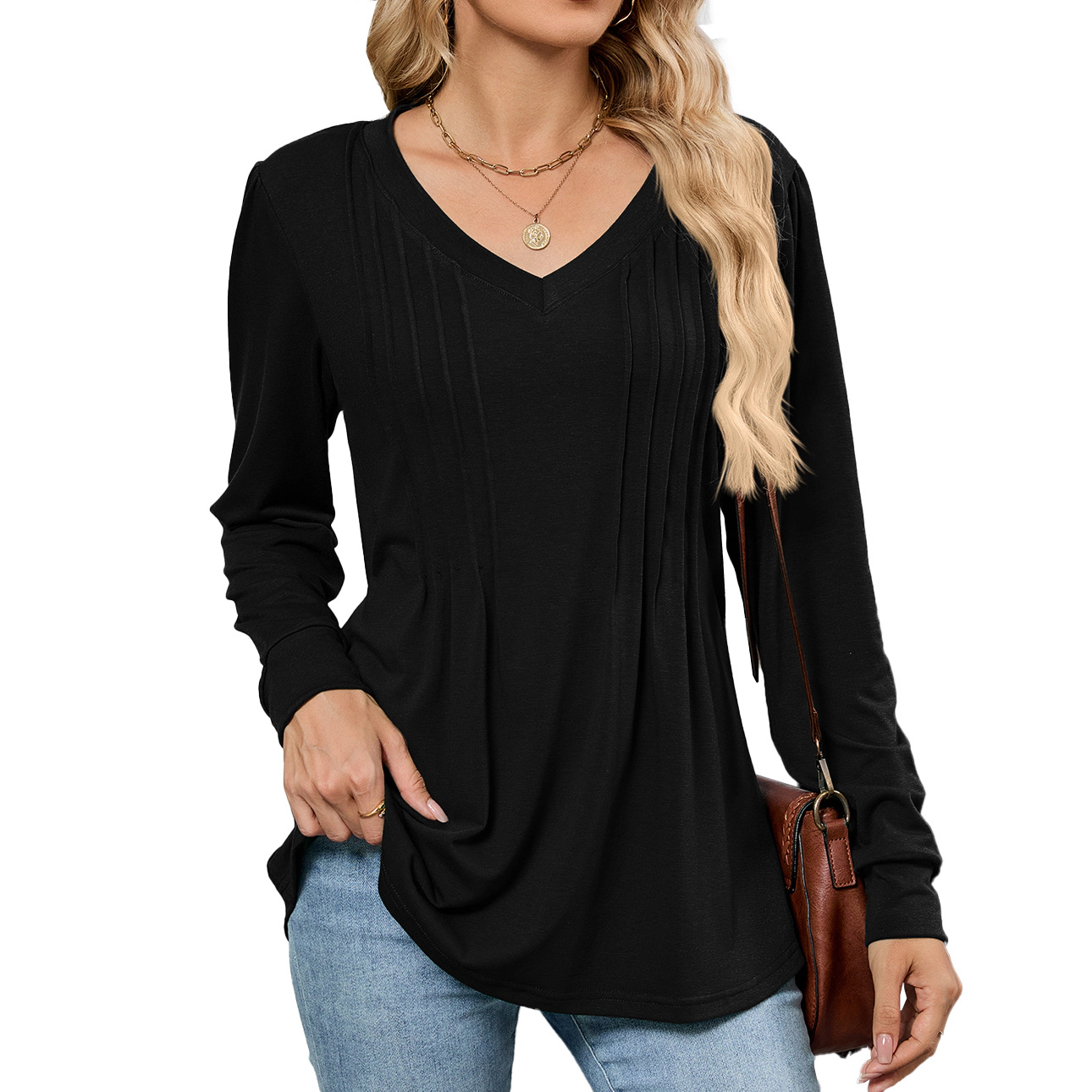 Enchanted Funland Womens V‑Neck Front Pleated Long Sleeve Curved Hem Tunic Tops