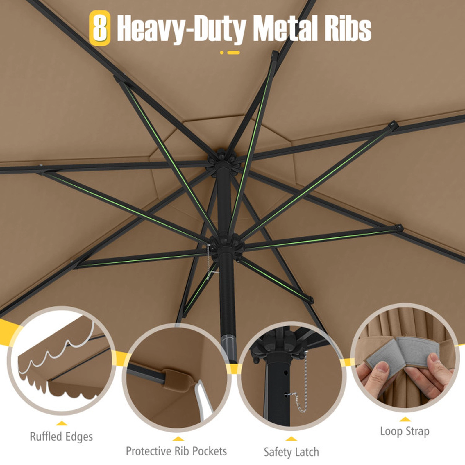 SUGIFT 10-ft Brown Patio Market Umbrella, Ruffled Edge, Crank Lift, Push-Button Tilt