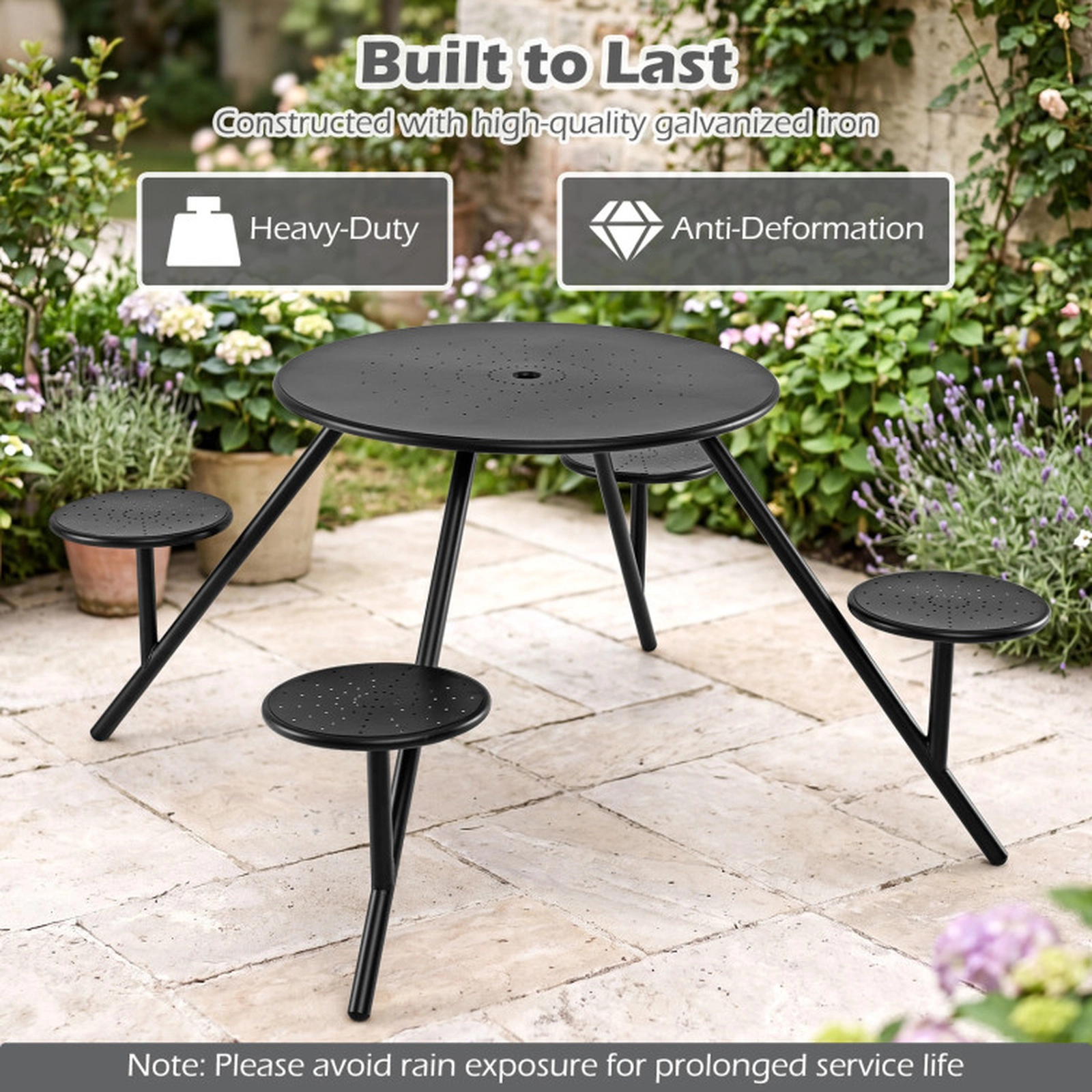 SUGIFT Round Galvanized Iron Picnic Table for 4 with 31.5-in Top 180-lb Table 330-lb Seats Umbrella Hole Black