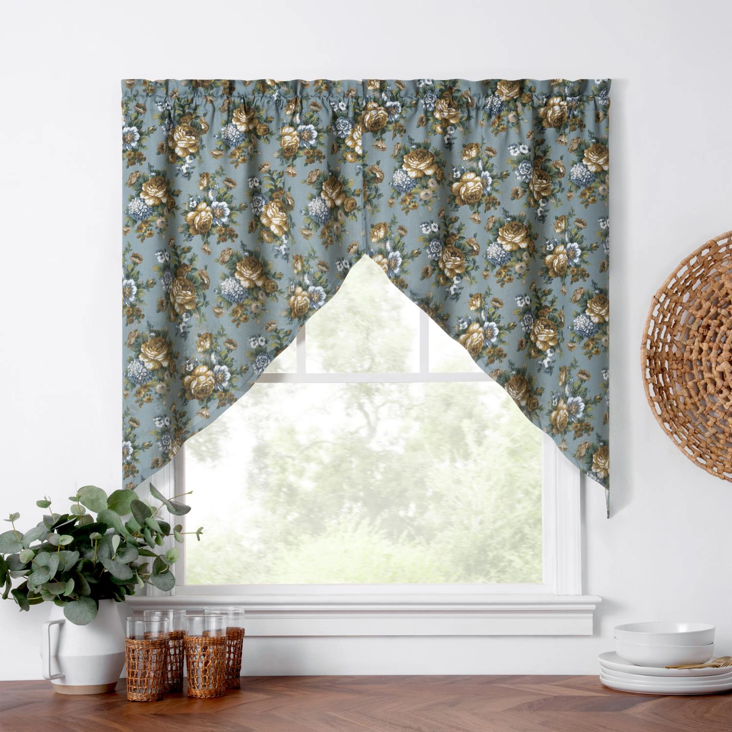 Ellis Bella Rose Stylish Medium Scale Printed Floral Pattern 1.5" Rod Pocket Tailored Swag for Windows 56"x36" Wedge