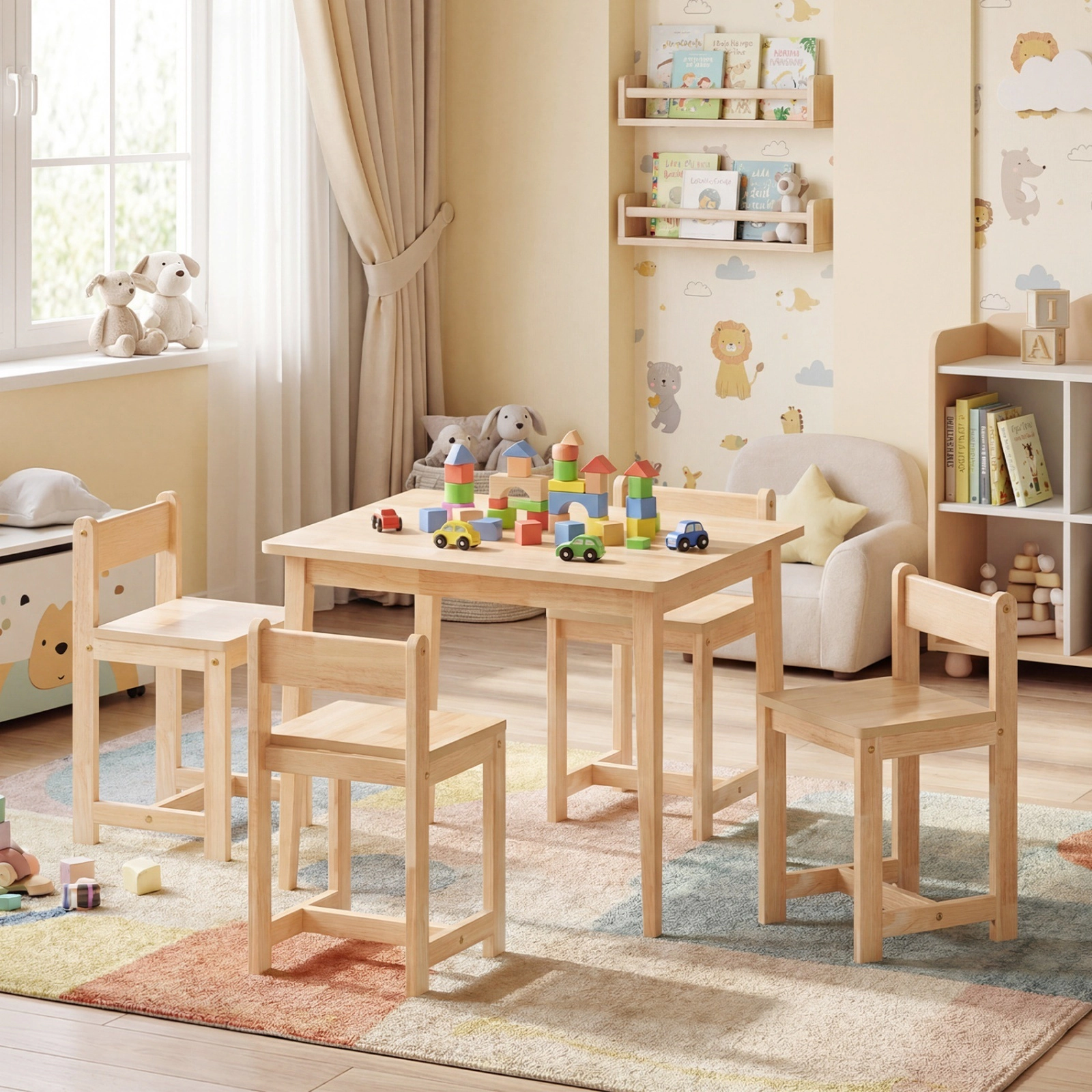 SUGIFT Kids Table and 4 Chairs Set, Natural Rubber Wood, 31.5-in Tabletop, 16-in Seats