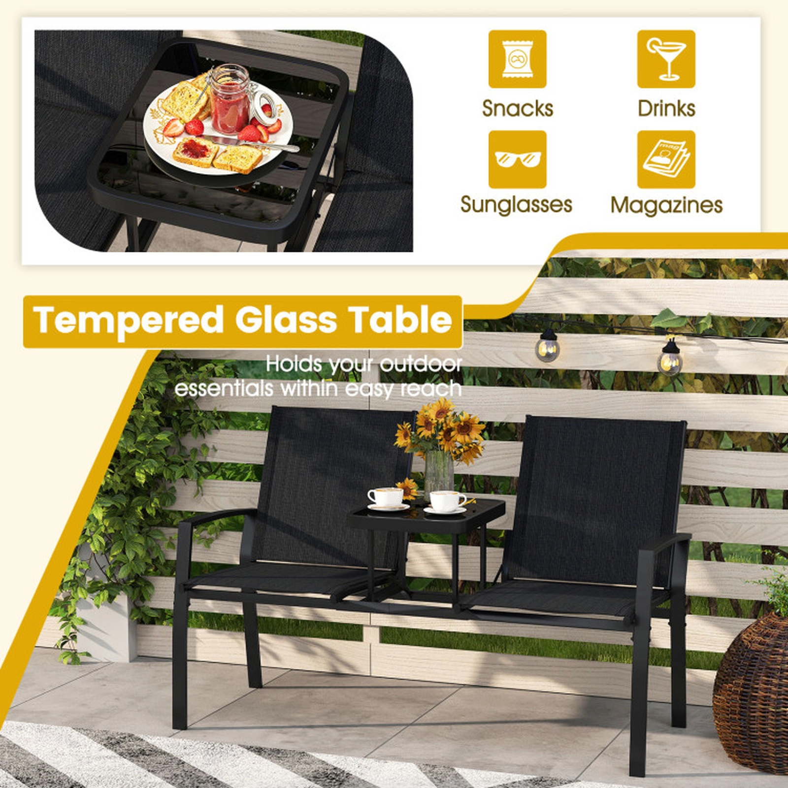 SUGIFT Black Outdoor Loveseat with Built-In Glass Table, 400-lb Seat Capacity