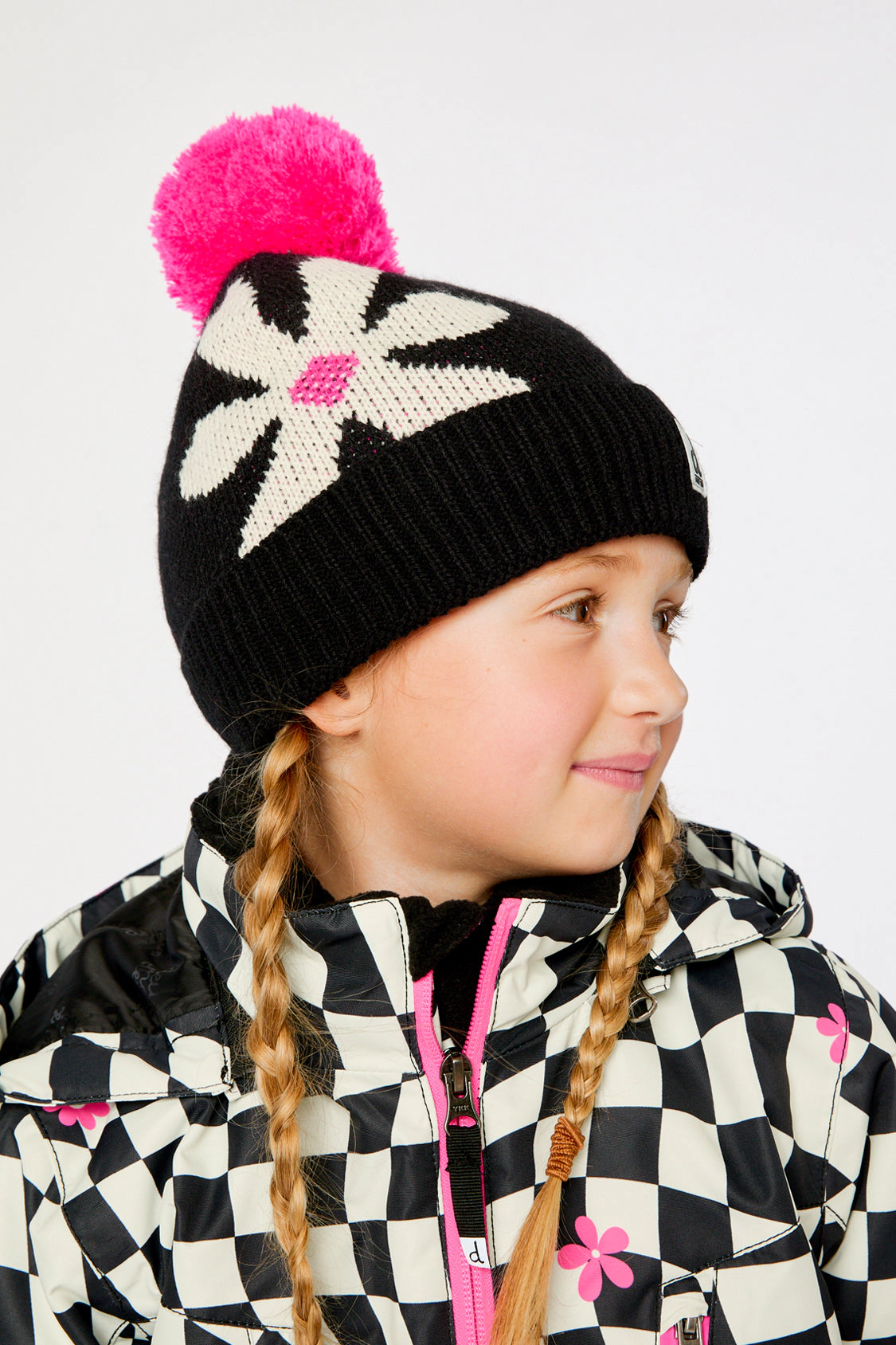 Deux par Girls Oversized Flower Motif Winter Knit Hat with Pompom