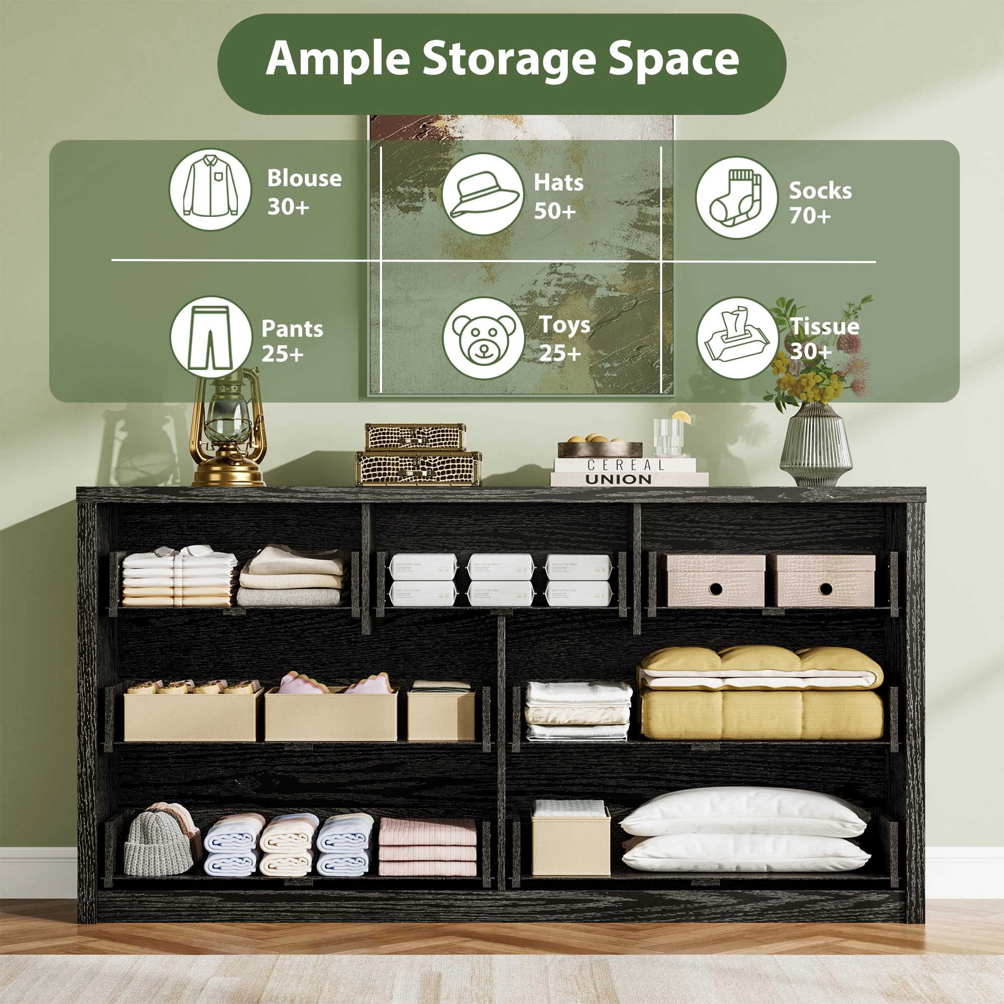Modern 7 Drawer Wooden Dresser, Wide Minimalist Chest of Drawers for Bedroom or Living Room