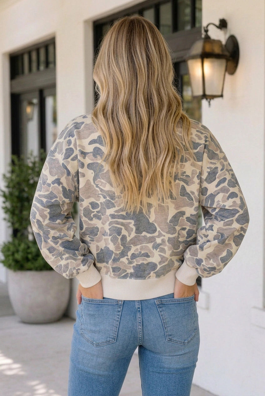 Threaded Pear Women's Retro Camo Casual Collar Pullover