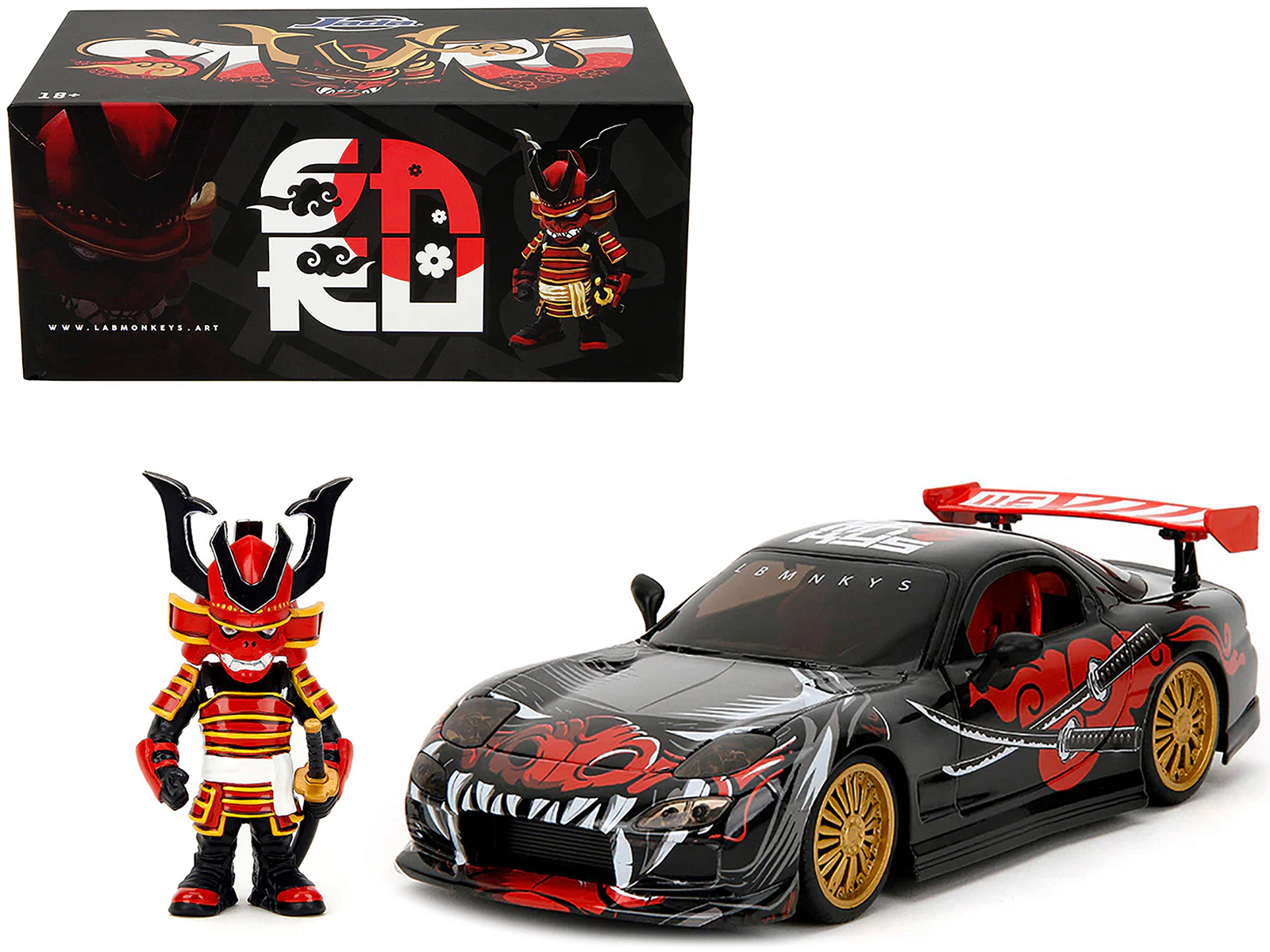 Jada 1993 Mazda RX-7 Black with Graphics "Lab Monkeys" with Saru Diecast Figure "Hollywood Rides" Series 1/24