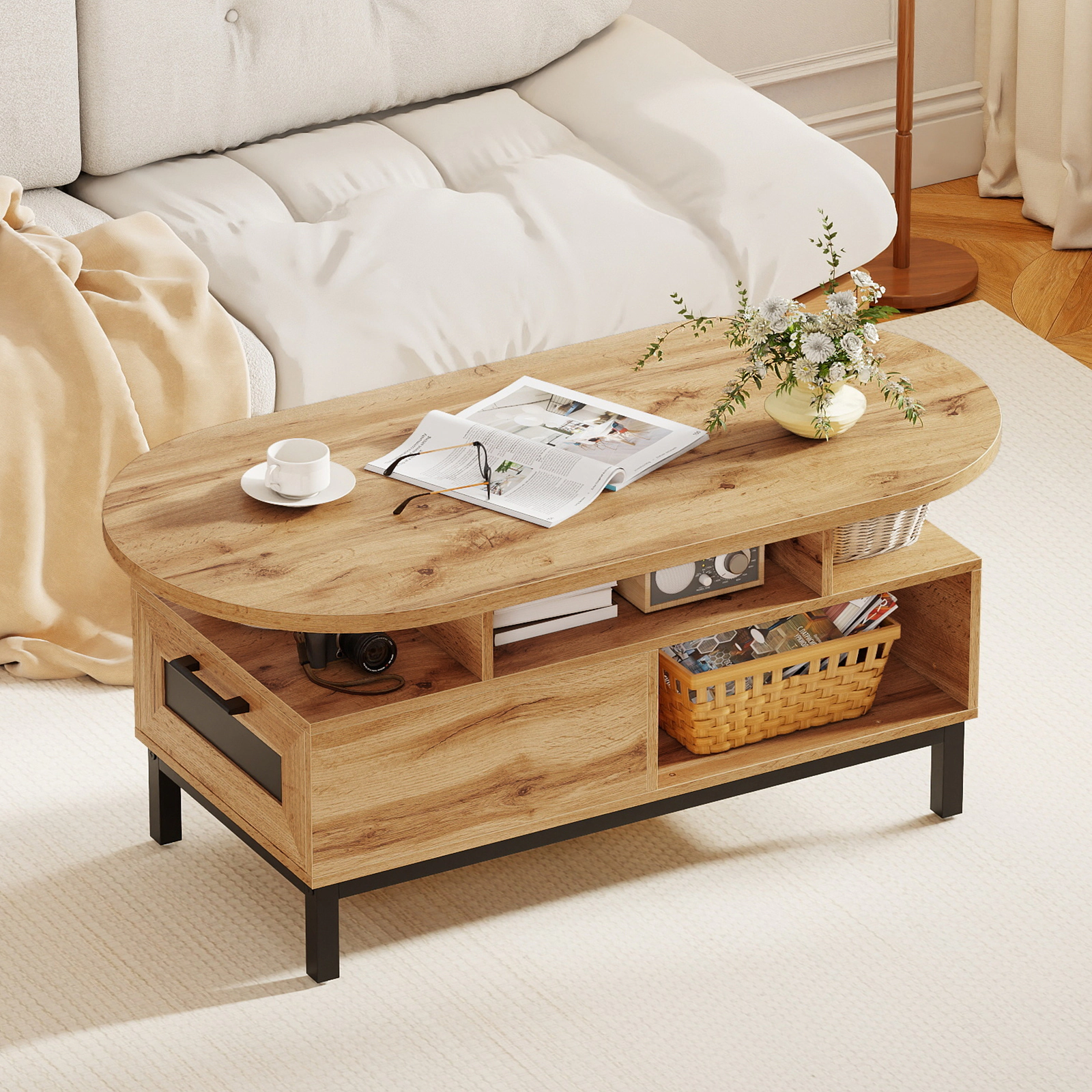 SUGIFT 47-in 110-lb Capacity Oval Wood Grain Coffee Table with Metal Slide Drawer and Open Compartments
