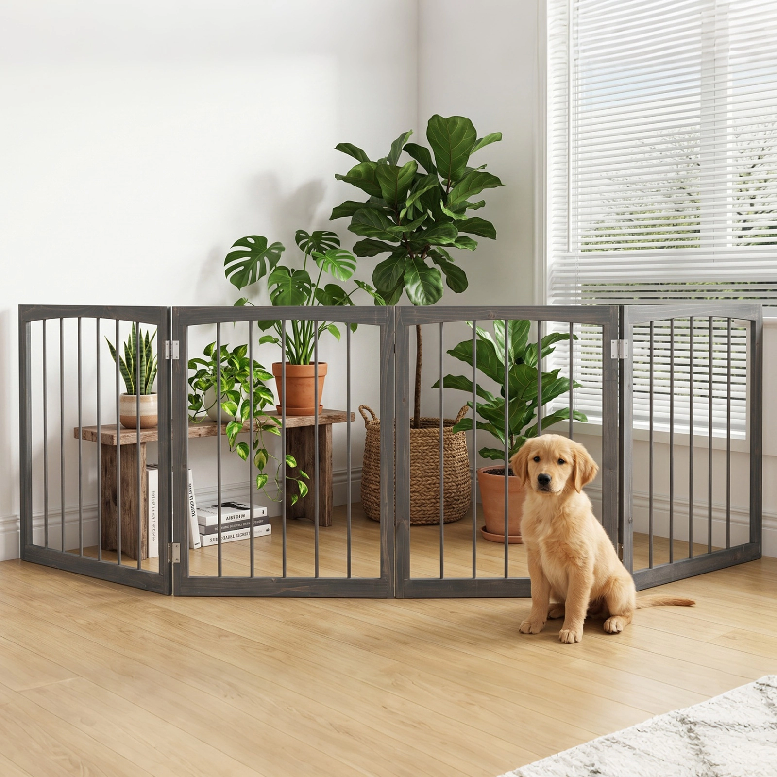 SUGIFT 83-in x 30-in 4-Panel Wooden Freestanding Indoor Dog Gate Pet Fence with 180-Degree Hinges