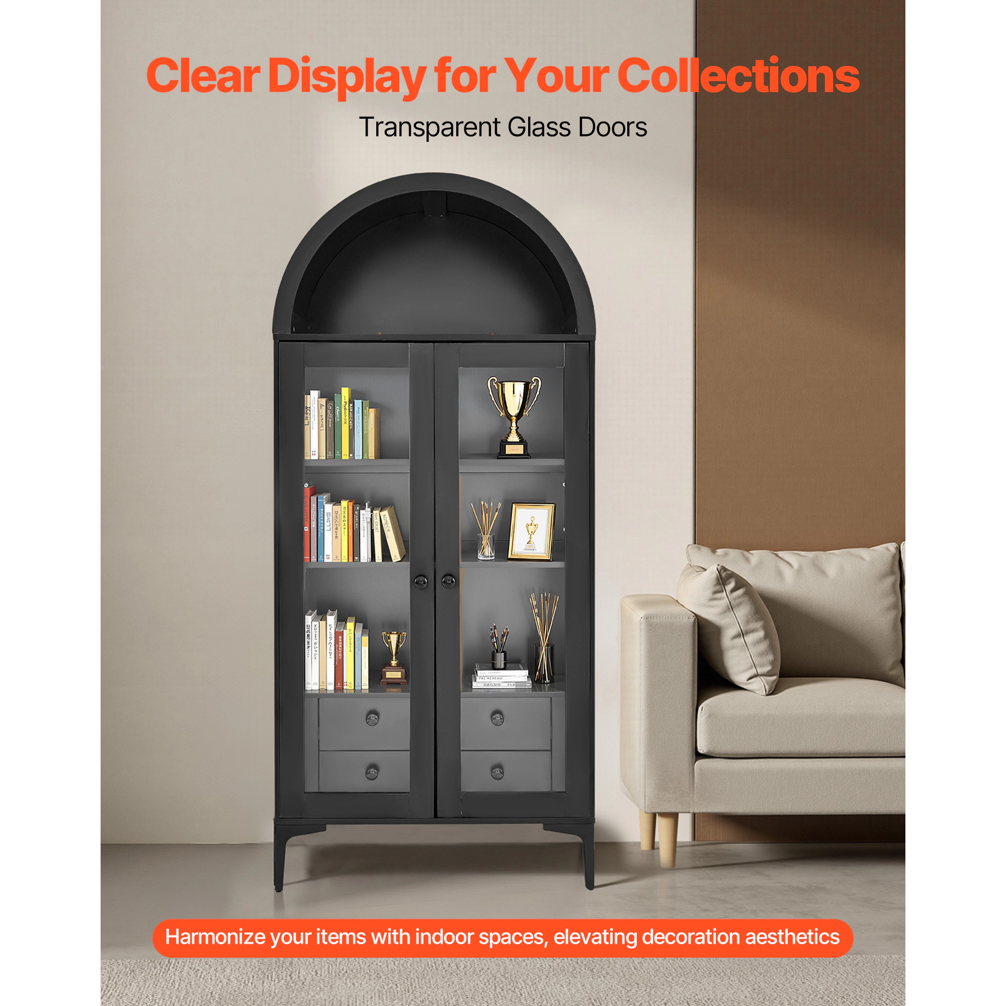 HONGGE Display Cabinet with Glass, 4-Tier Display Case, Storage Cabinet with Adjustable Shelves for Collectibles