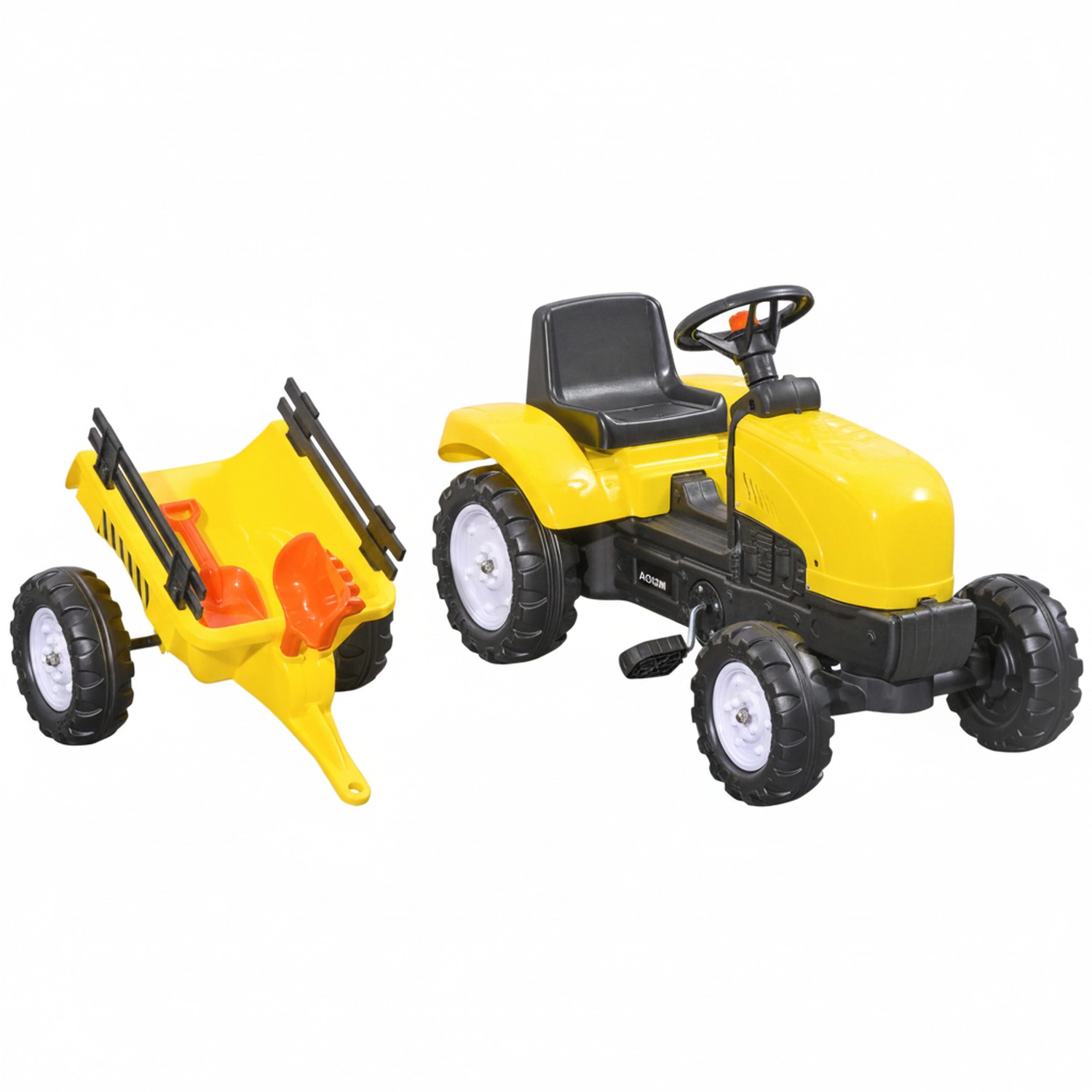 HONGGE Kids Pedal Ride-On Tractor with Rear Trailer, Shovel & Rake, Working Horn, Yellow, Ages 3 and Up