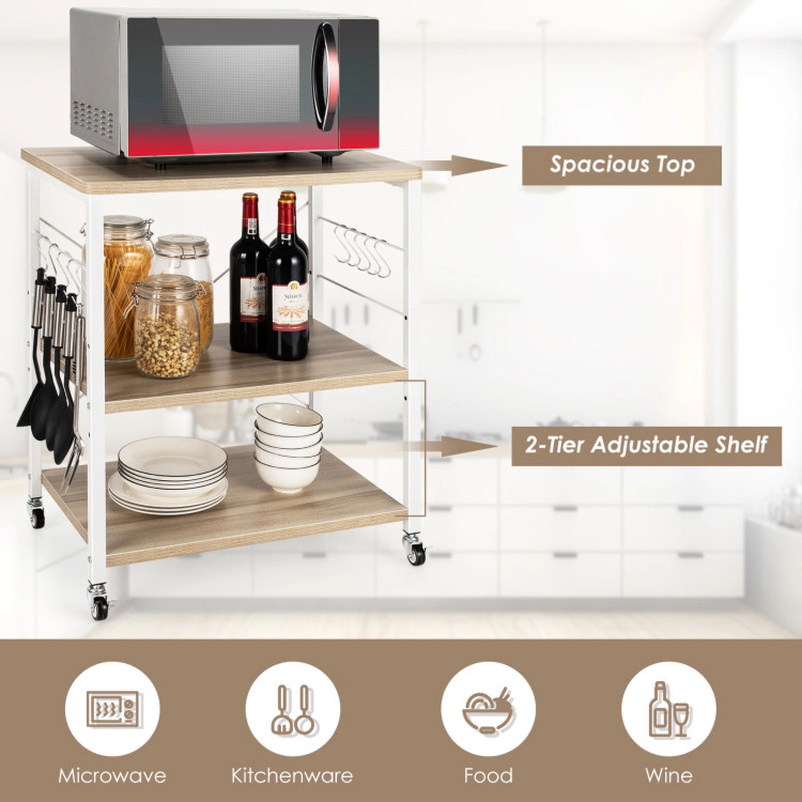 SUGIFT 3-Tier Bakers Rack Microwave Cart with Adjustable Shelf and 10 Hooks