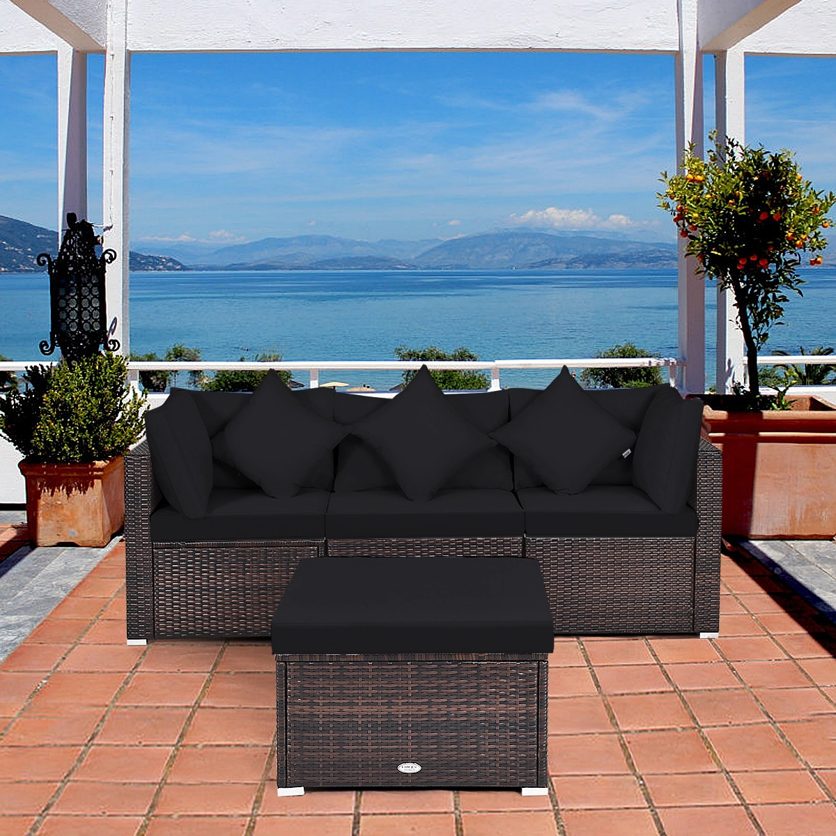 LJG 4 Pcs Ottoman Garden Deck Patio Rattan Wicker Furniture Set Cushioned Sofa
