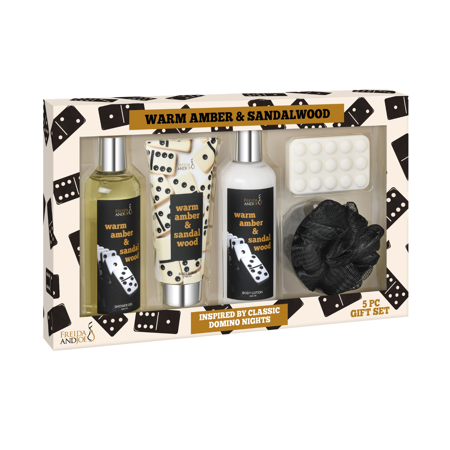 Freida and Joe Mens Warm Amber & Sandalwood Domino Nights Bath And Body Gift Set