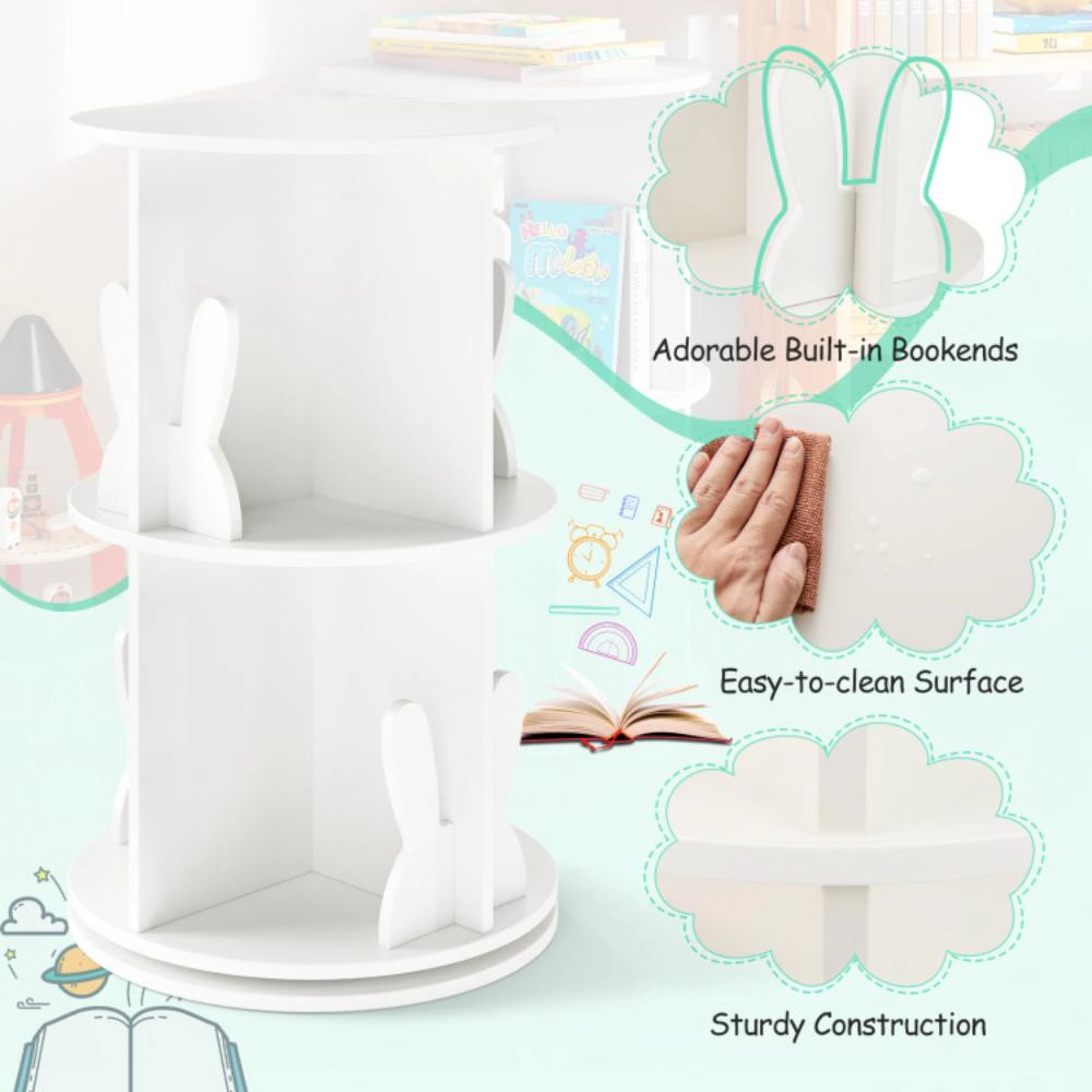 Hivvago 2 Tier Freestanding Kids Rotating Bookshelf Storage Rack with Bunny Baffles