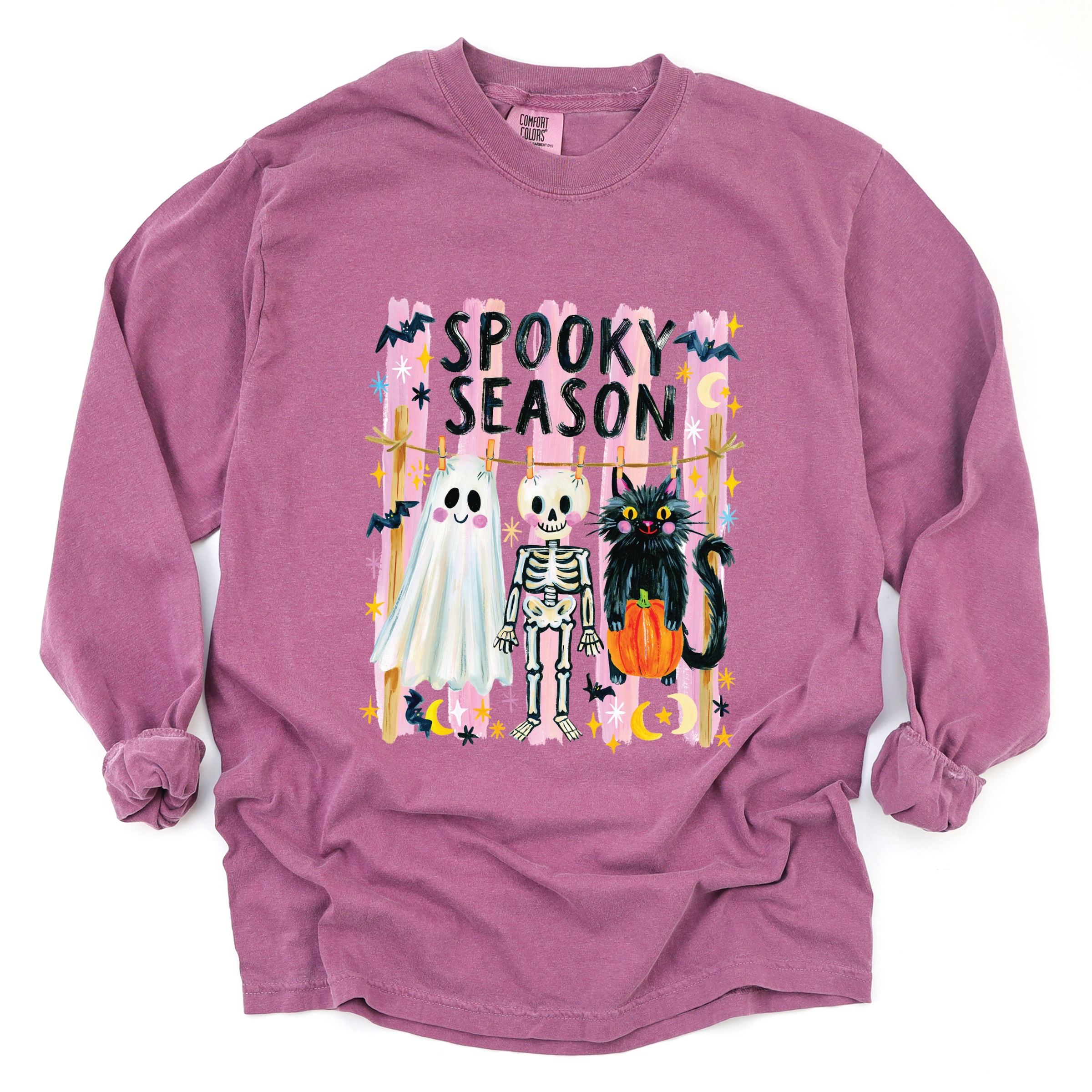 Simply Sage Market - Women's Garment Dyed Long Sleeve Graphic T-Shirt Halloween Character Clothesline