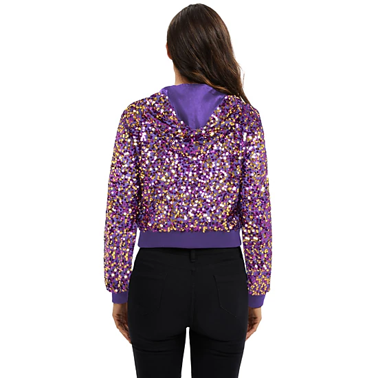 Anna-Kaci Women's Sequin Zip-Up Hooded Jacket with Ribbed Hem and Long Sleeves