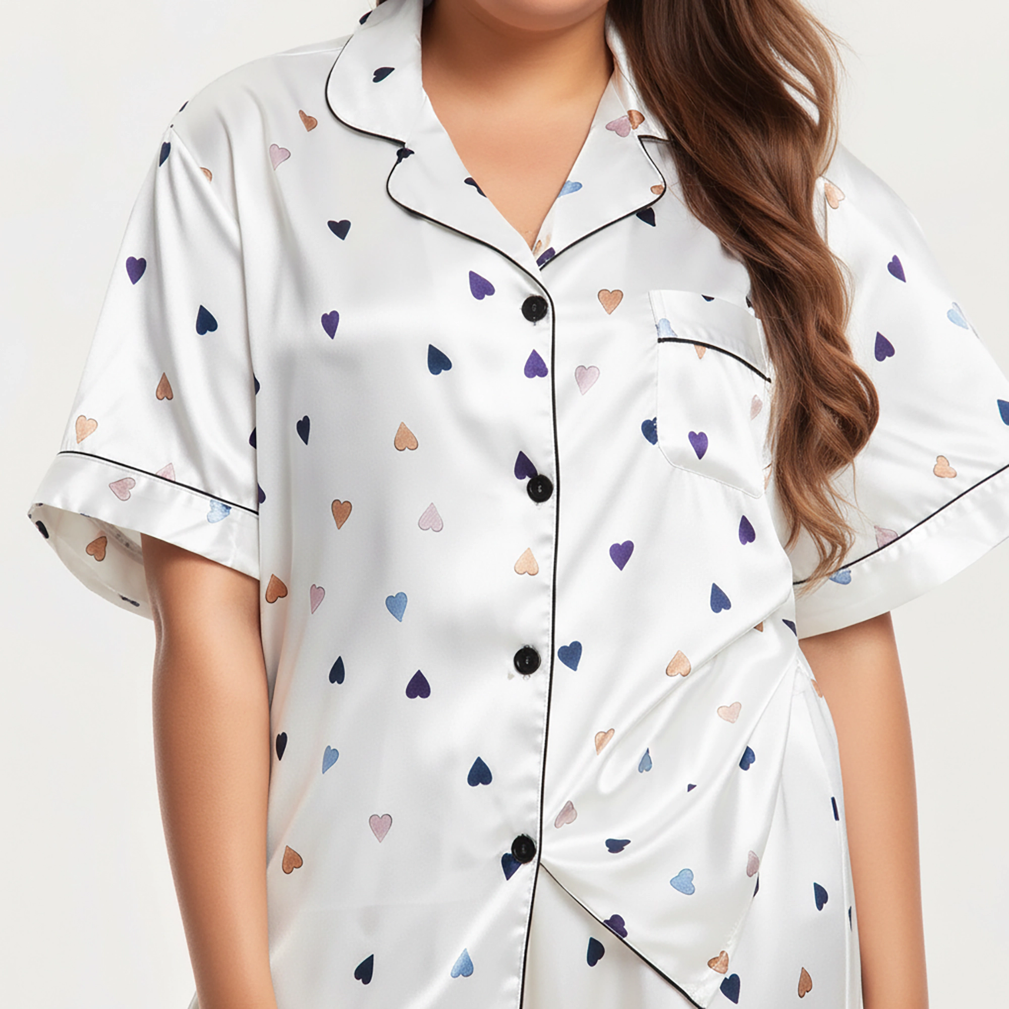 Anna-Kaci Women's Plus Valentine Heart Print Satin Pajama Set Short Sleeve Button Front Top Straight-Leg Pants