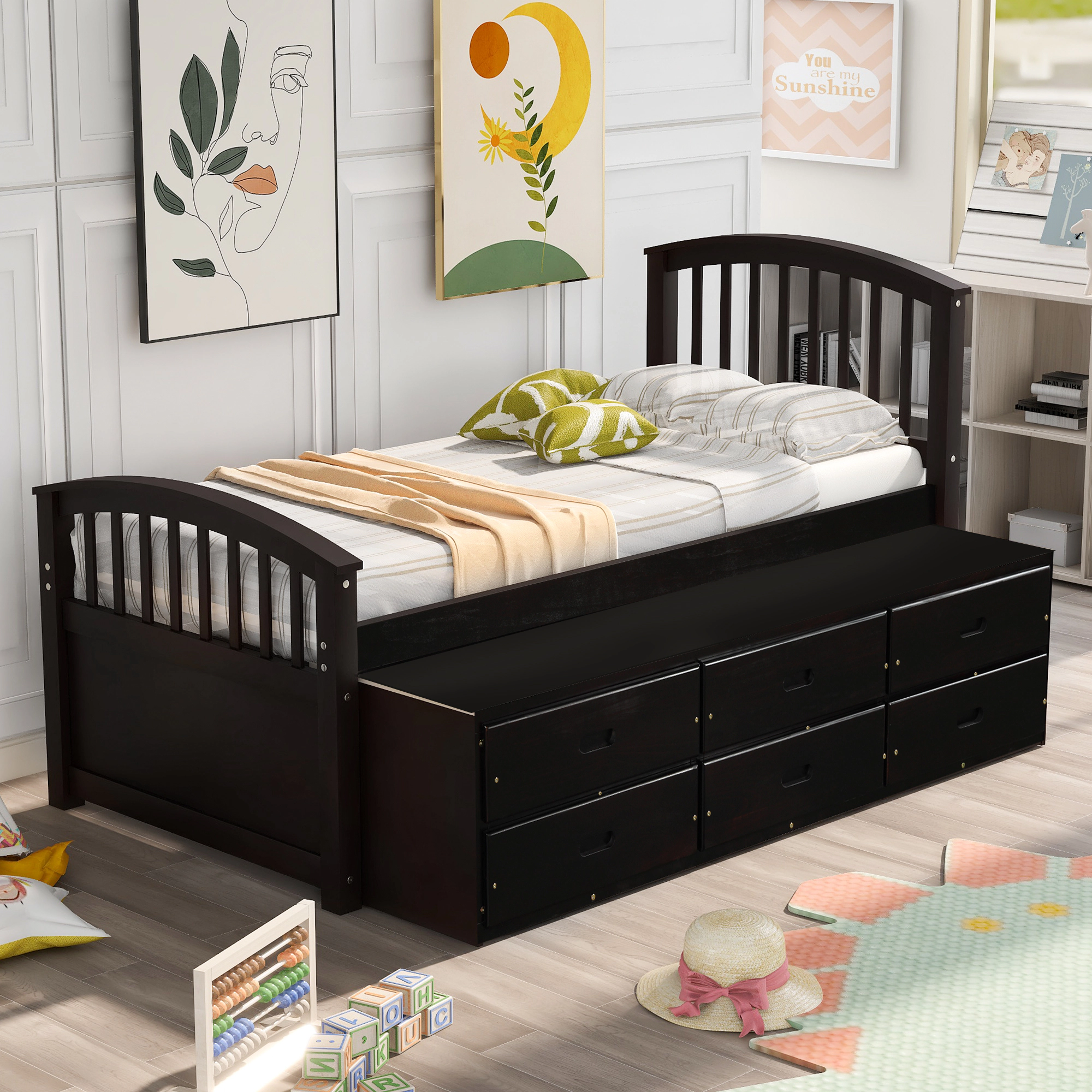 Flynama Twin Solid Wood Platform Storage Bed with Six Drawers (Orisfur)