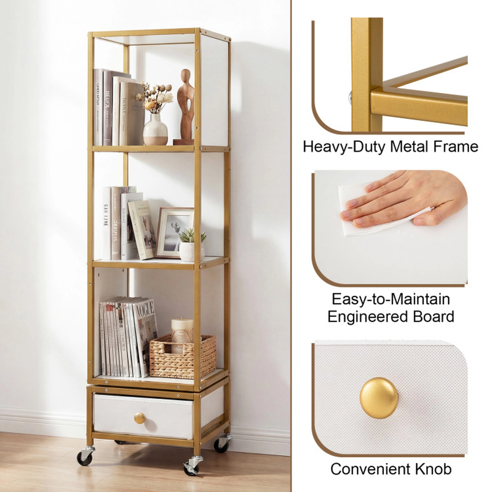 SUGIFT 4-Tier Rotating Bookshelf on Wheels with 44-lb Shelf Capacity Removable Drawer White Gray Black Golden