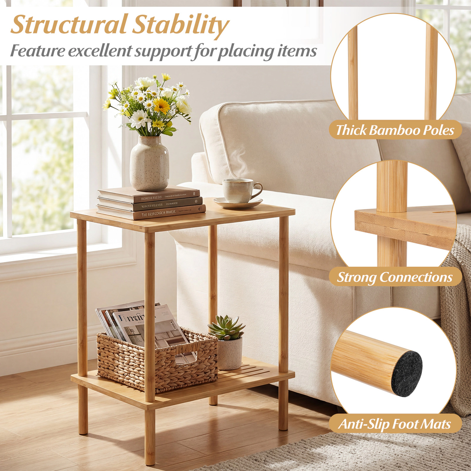 SUGIFT 2-Tier Bamboo Side Table with Storage Shelves 66-lb Capacity Rectangular Tea Sofa End Table Natural