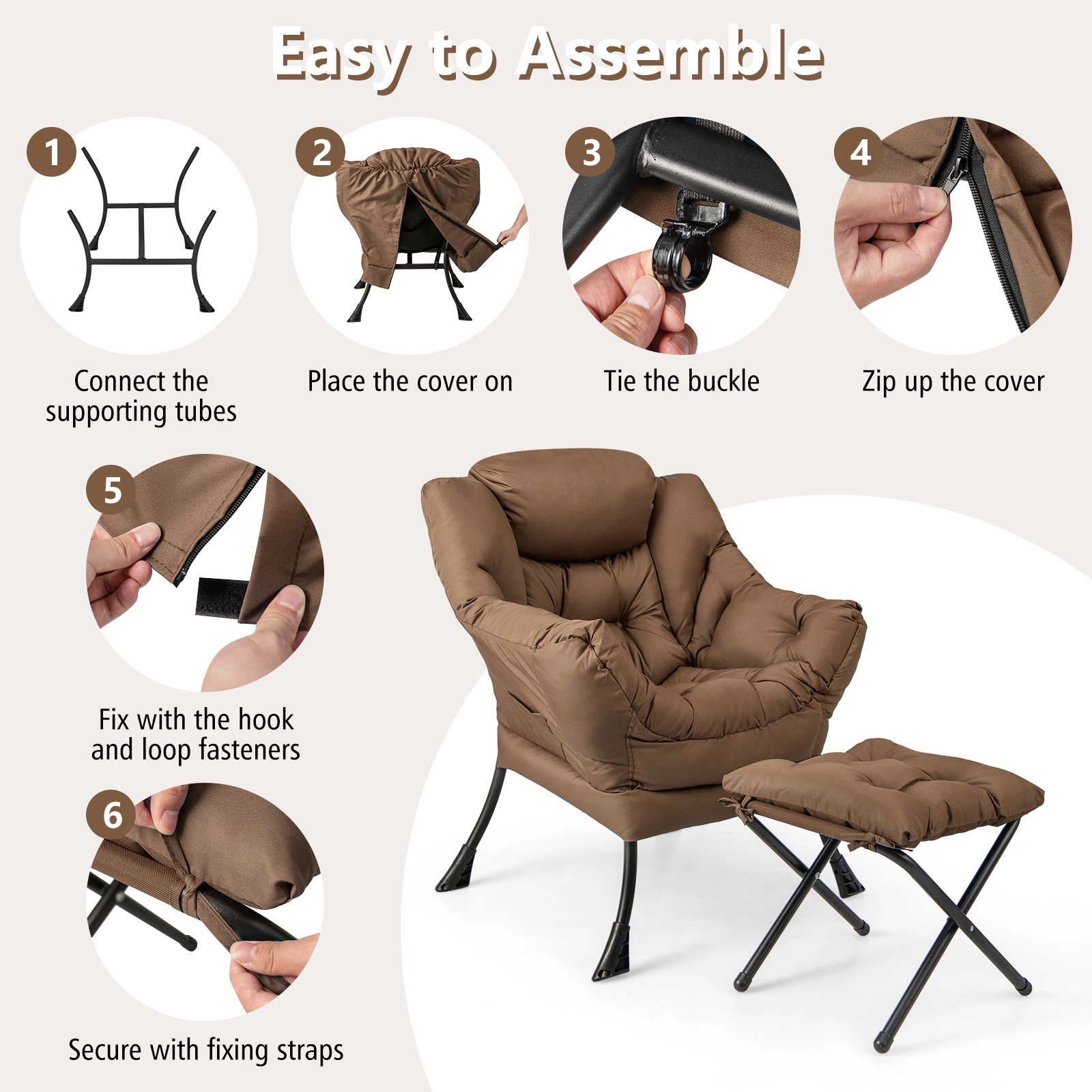 SUGIFT Modern Accent Sofa Chair with Folding Footrest and Side Pocket 330-lb Capacity 31.5-in Wide with Ottoman Brown