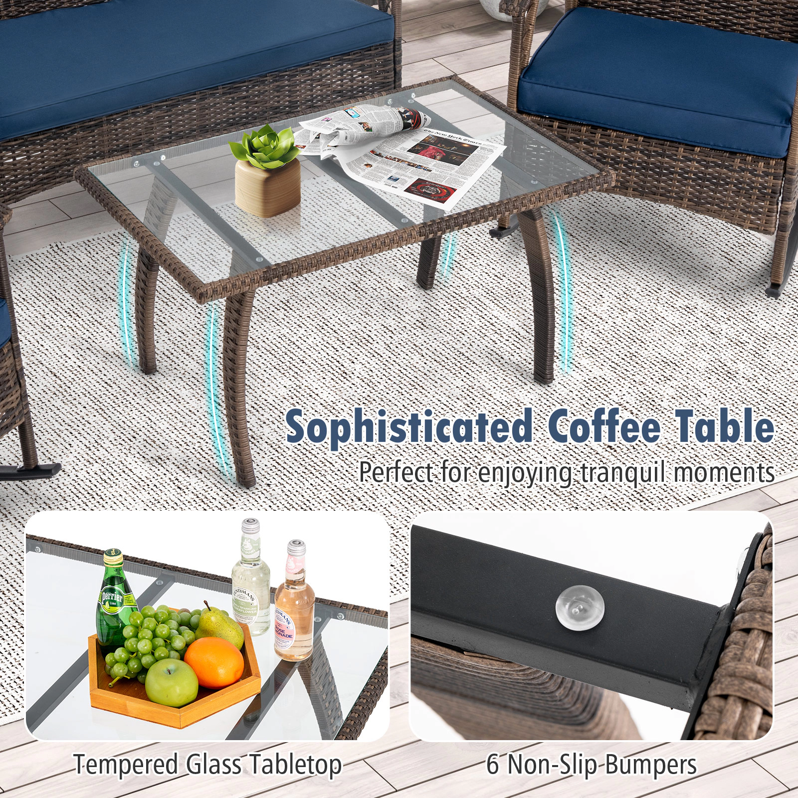 SUGIFT Bungee Rope Seat Loveseat and Coffee Table 4-Piece Navy Wicker Rocking Set