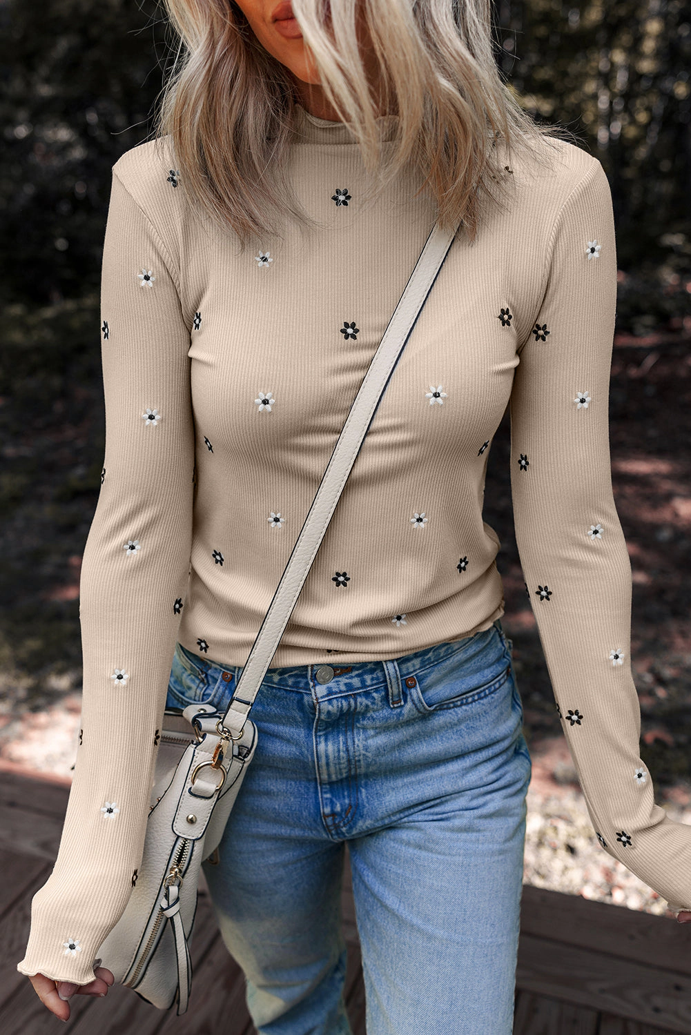 Threaded Pear Women's Genesis Embroidered Detail Ribbed Long Sleeve Top