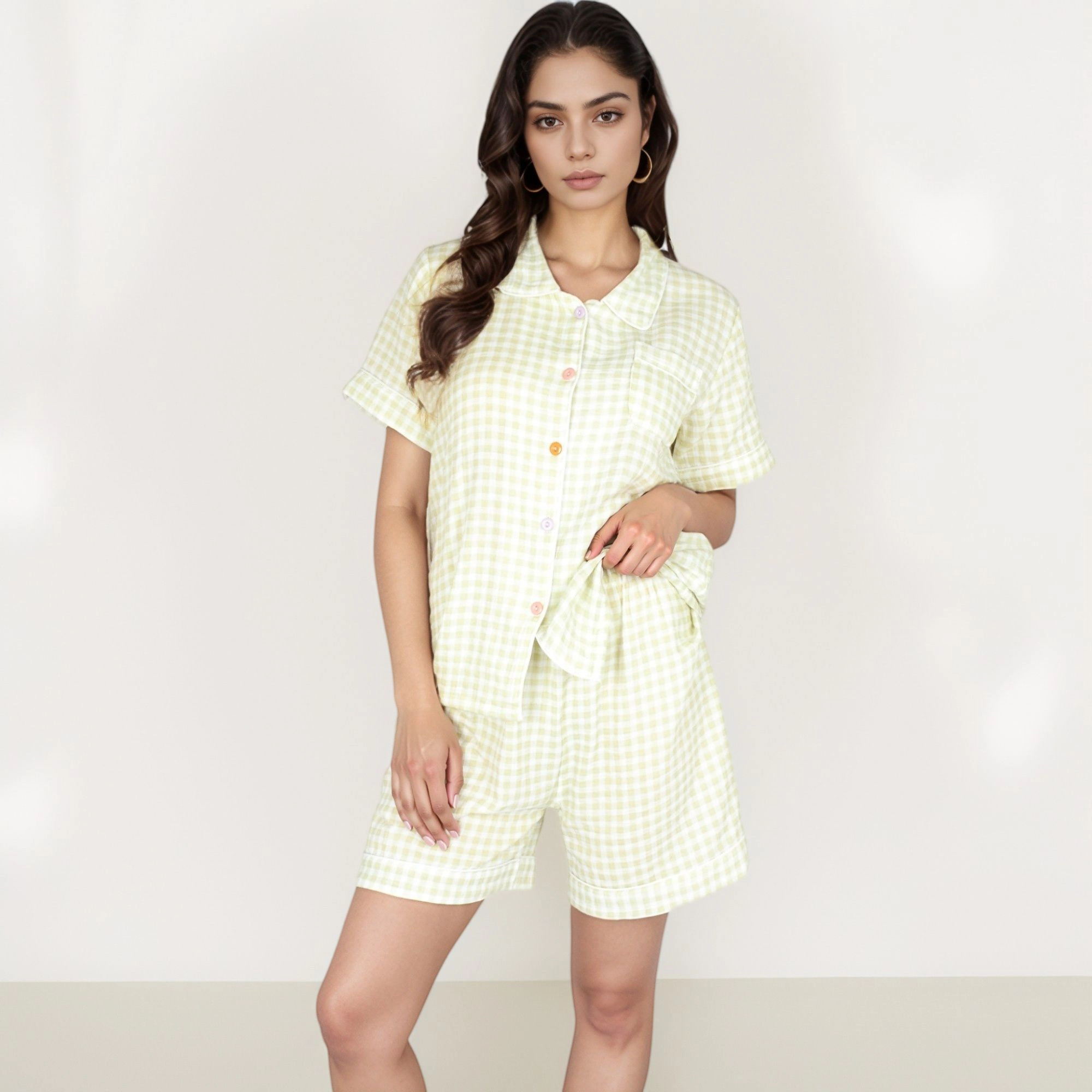 Anna-Kaci Women's Gingham Short Sleeve Pajama Set with Contrast Buttons and Matching Shorts