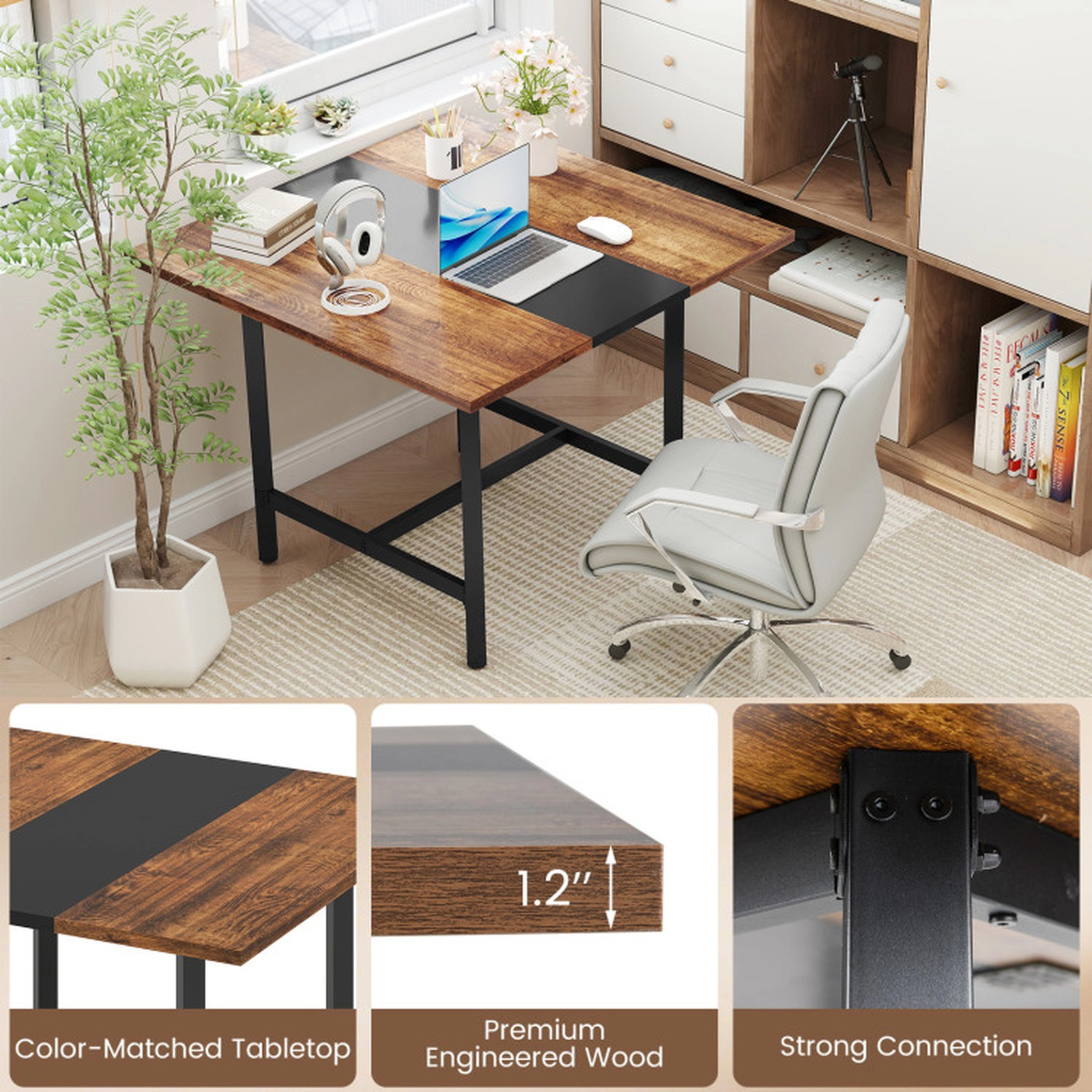 SUGIFT 200-lb Capacity 39.5-in Square 4-Person Dining Table with Thickened Wood Grain Top and Metal H-Frame