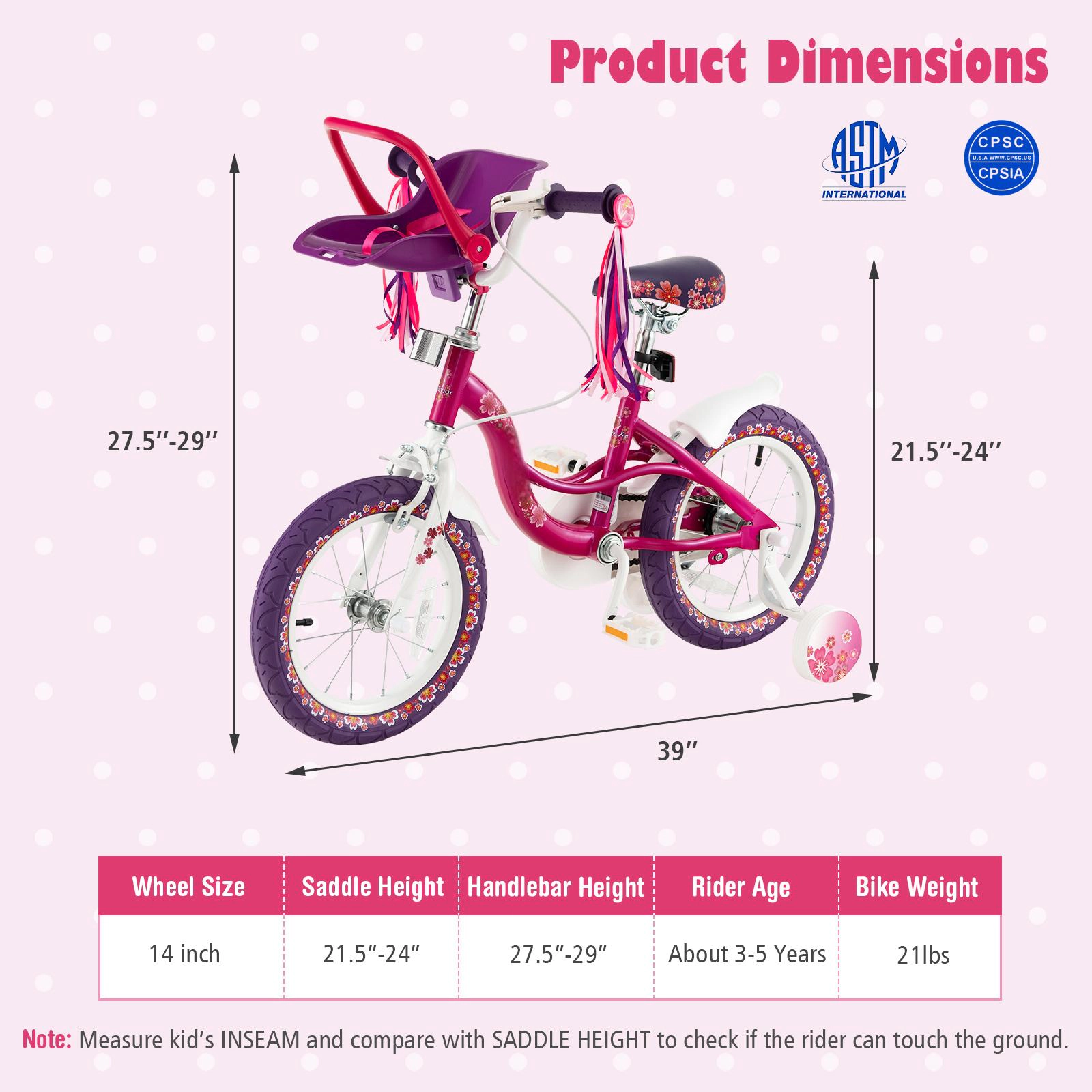 SUGIFT 14-in 80-lb Capacity Kids Bike with Detachable Doll Seat Reflectors and Removable Training Wheels