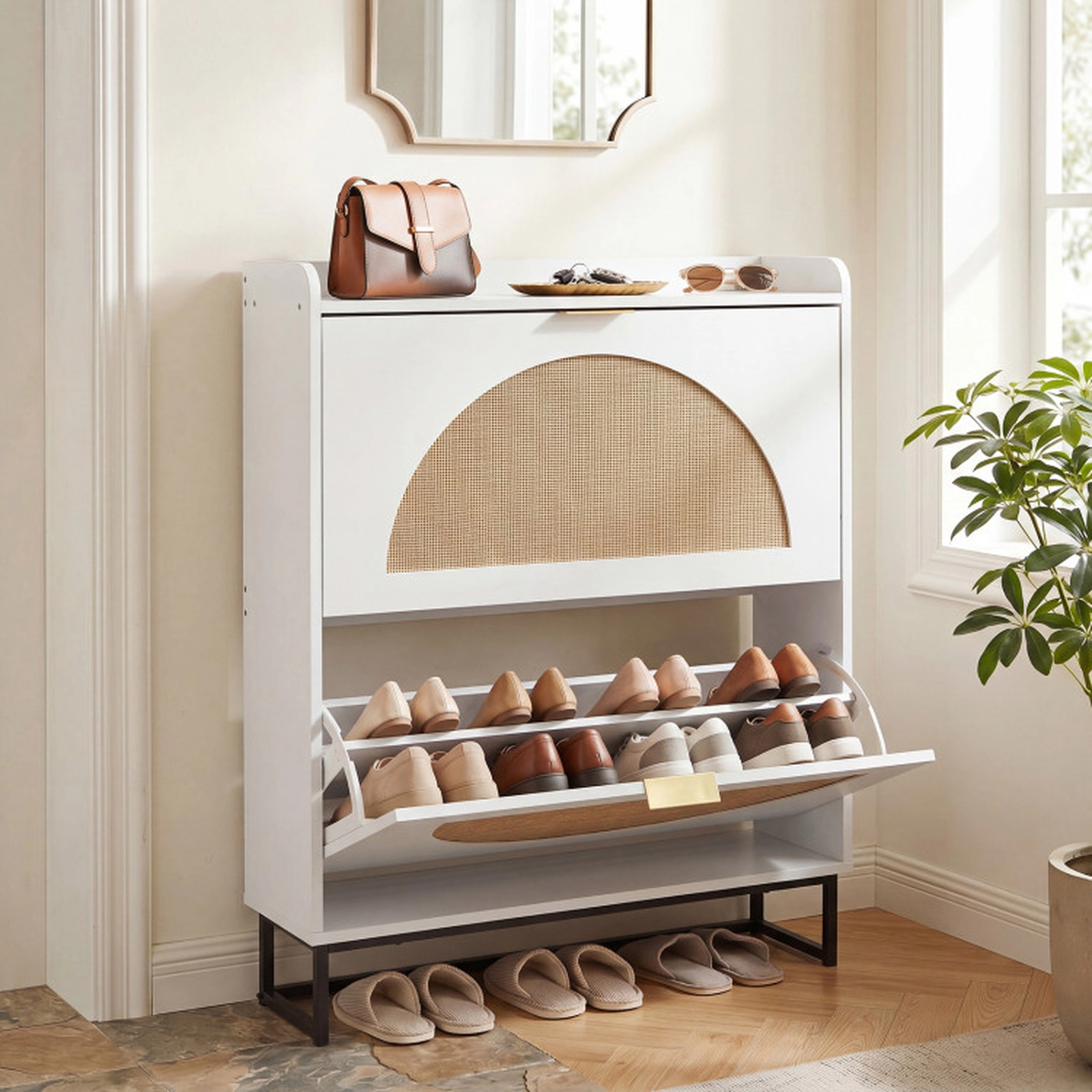 SUGIFT Slim Tall Entryway Shoe Cabinet with Faux Rattan Doors 2 Flip Drawers and Adjustable Shelves