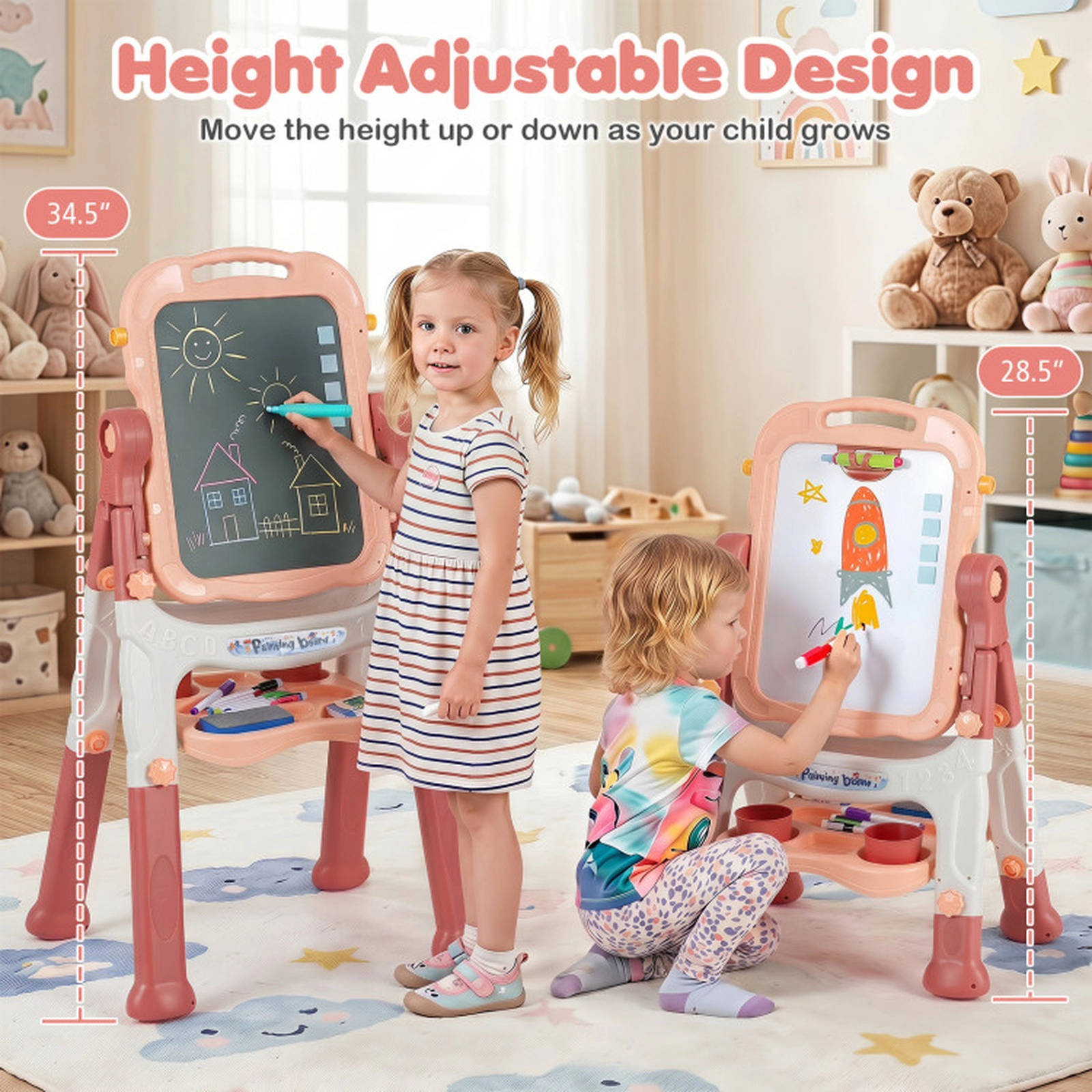 SUGIFT Pink 360-Degree Swivel Board and 2 Height Settings Kids Art Easel