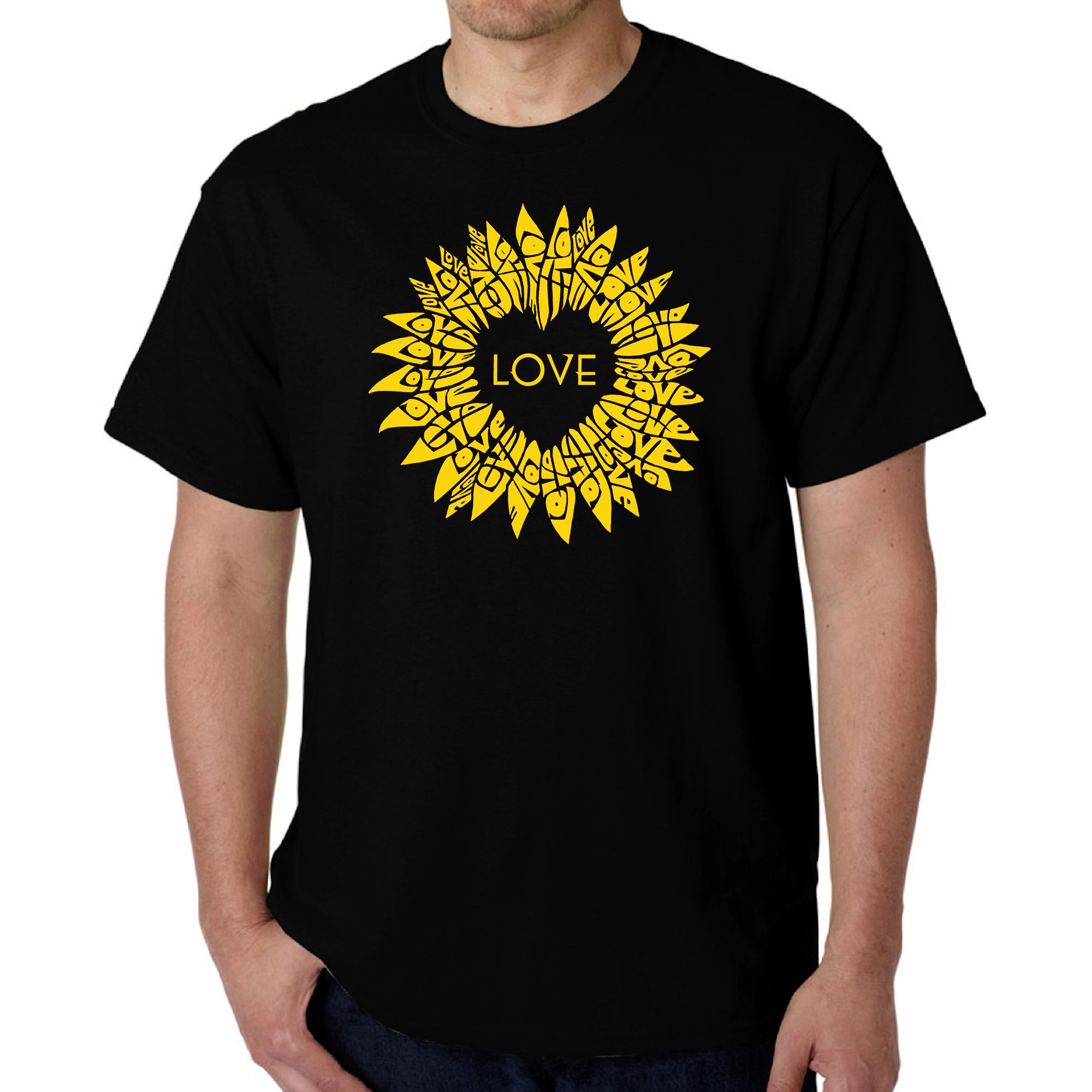 LA Pop Art Men's Sunflower Love Word T-Shirt - 100% Cotton, Crew Neck