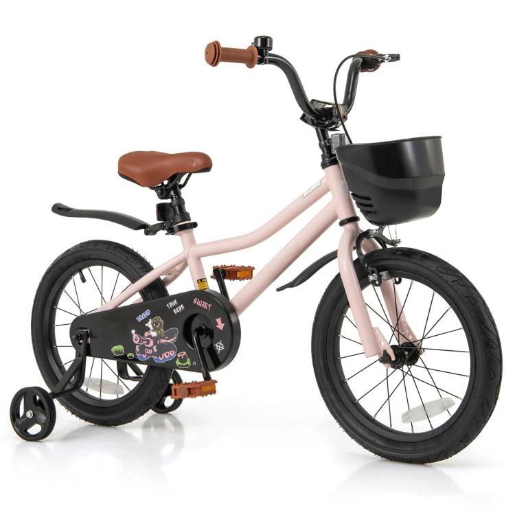 SUGIFT 16-Inch Pink Kids Bike, Metal Frame, Front Basket, Training Wheels, Hand and Coaster Brakes