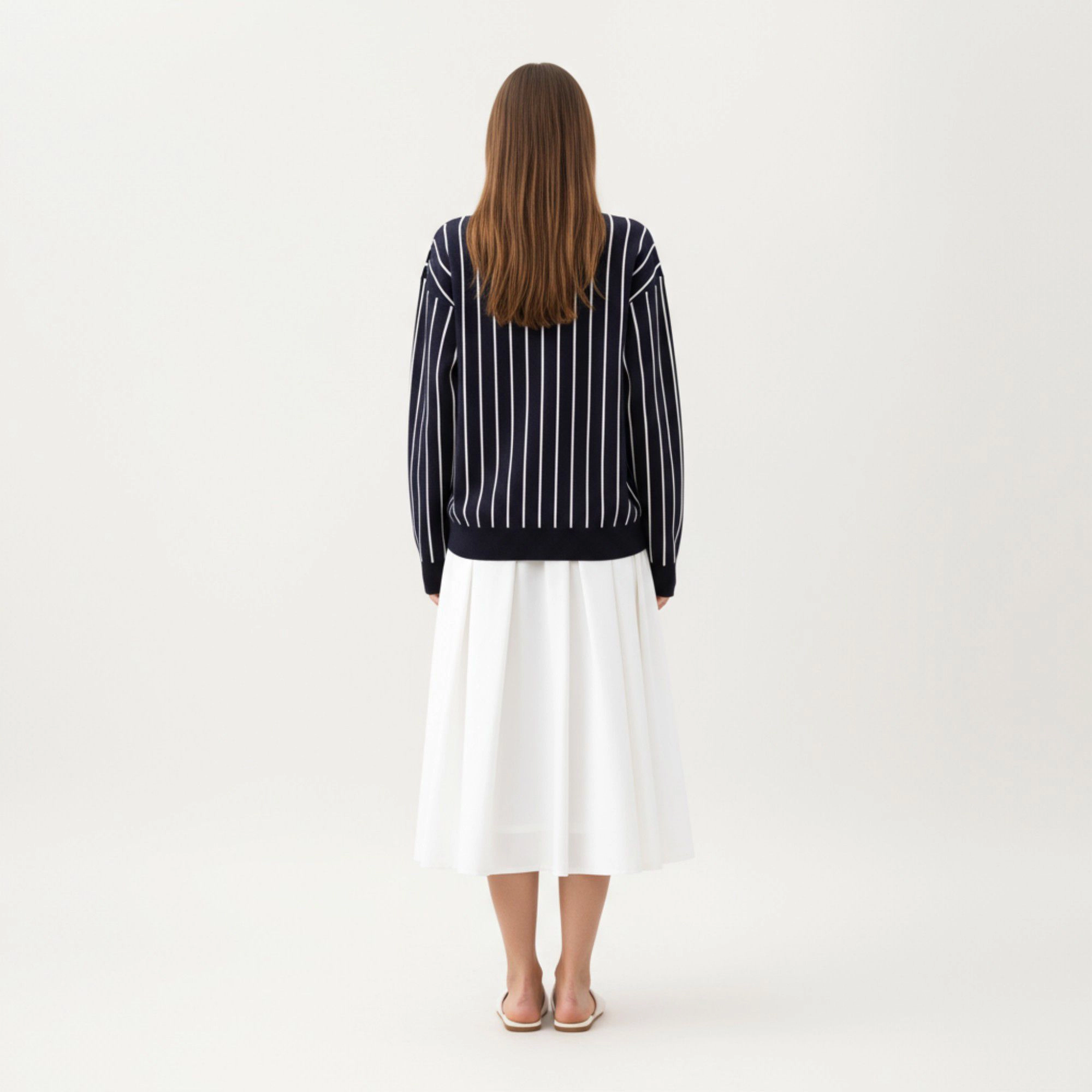 Anna-Kaci Women's Vertical Stripe Knit Collared Sweater with V-Neck Long Sleeves