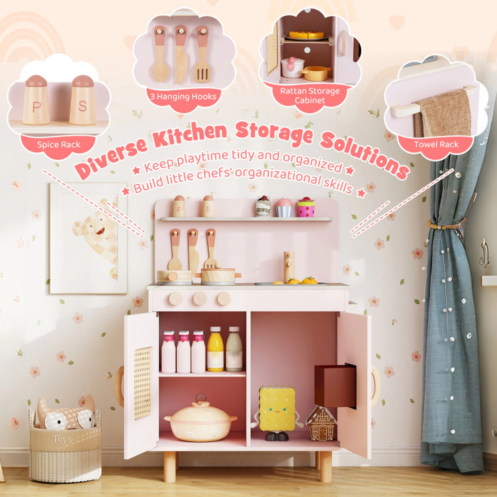 SUGIFT Pink Ice Maker Spice Rack and Cooking Accessories Kids Wooden Pretend Play Kitchen