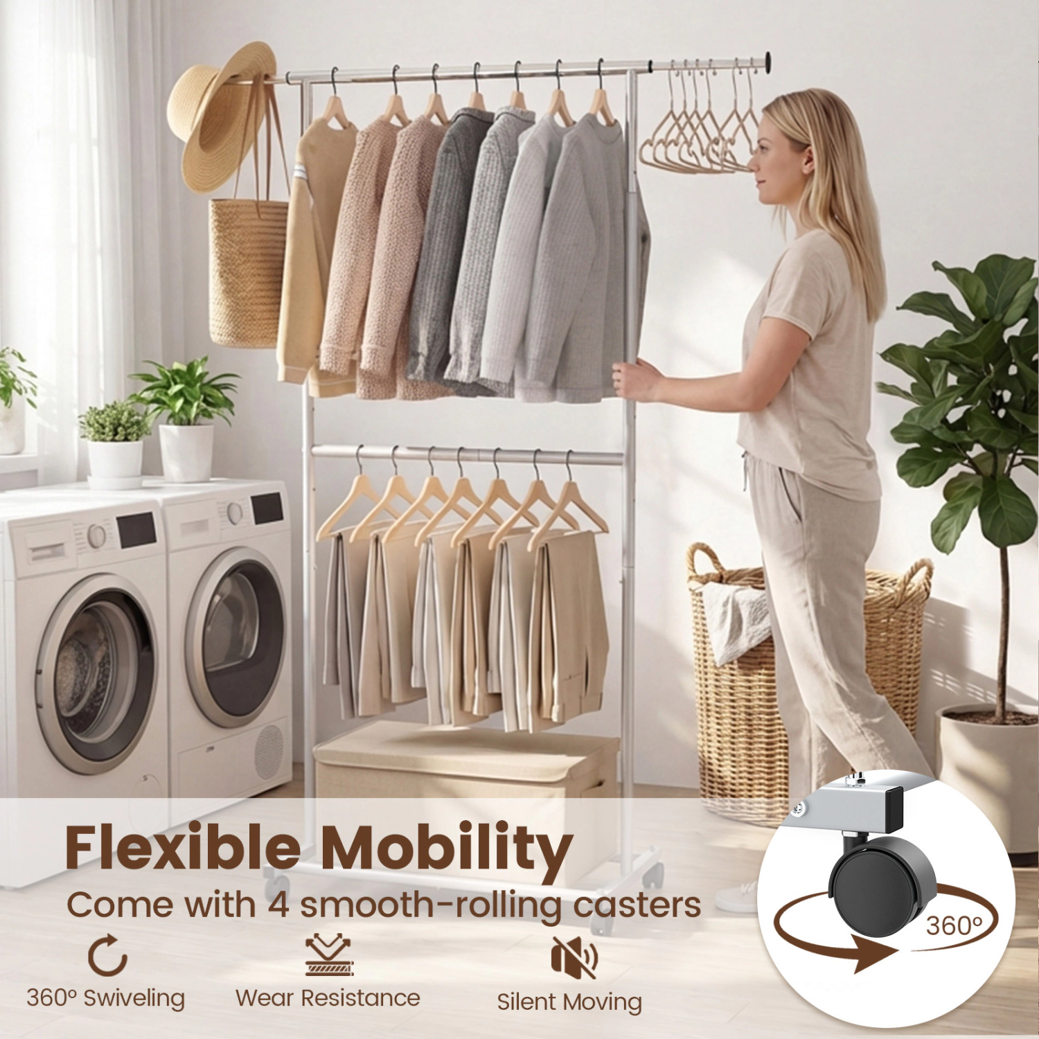 SUGIFT Double-Rod Extendable 3-Level Height Rolling Garment Rack 49.5-in x 17-in x 68-in 45-lb Capacity Silver