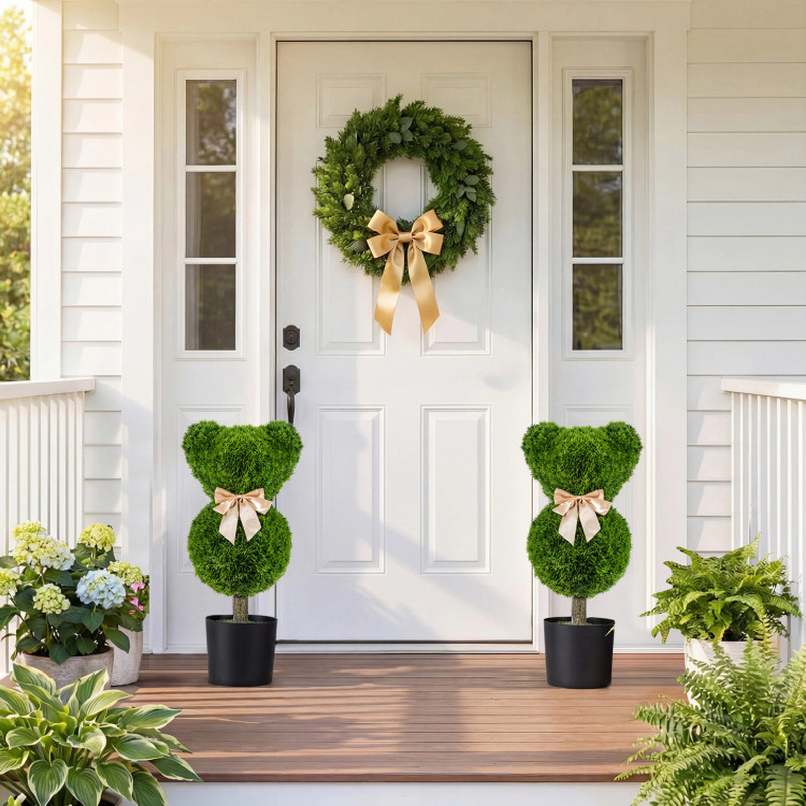 SUGIFT Set of 2 24.5-in Sun-Resistant Bear-Shaped Faux Boxwood Topiary Trees with Golden Bows and Pots