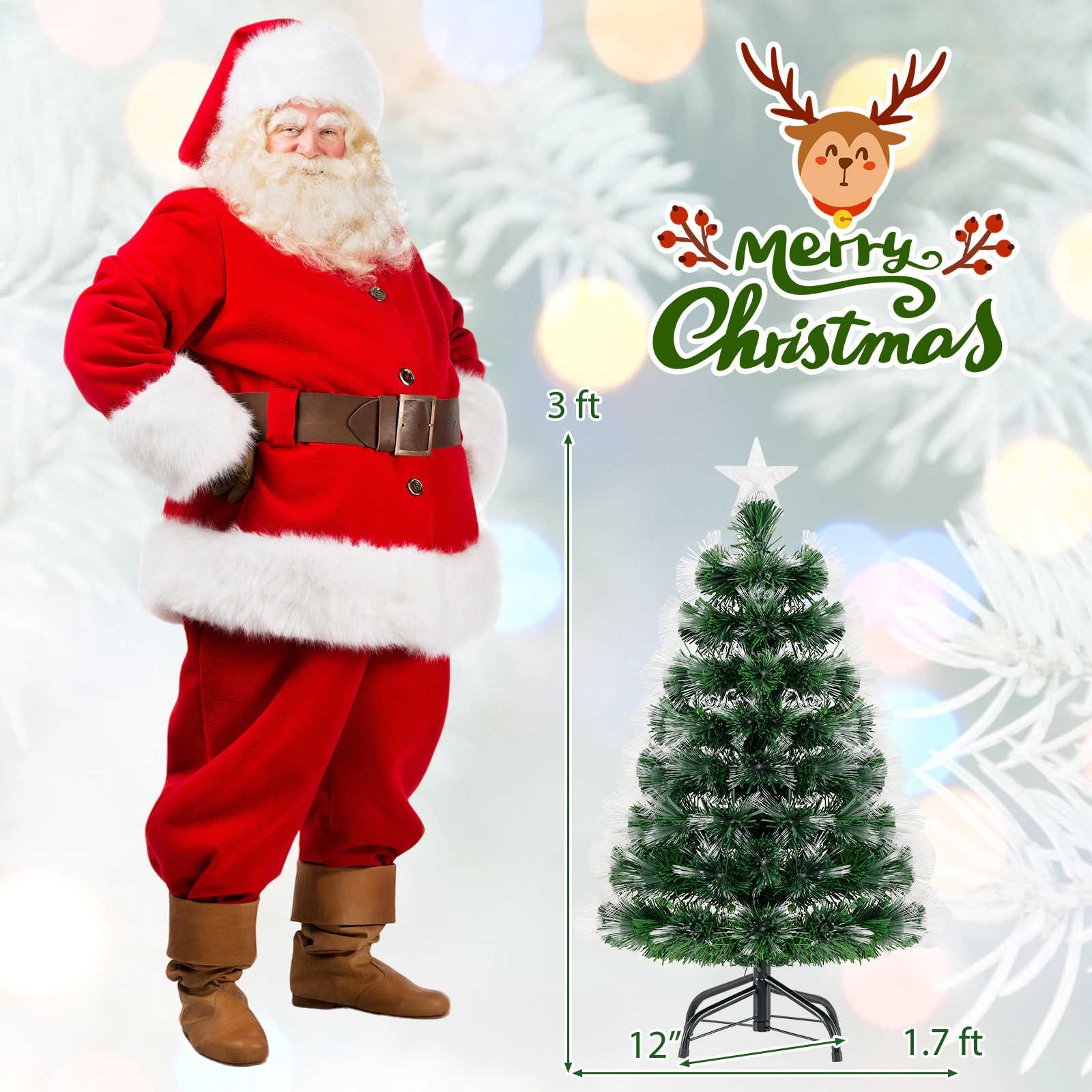 LJG 3 Feet Fiber Optic Christmas Tree with Branch Tips and Topper Star