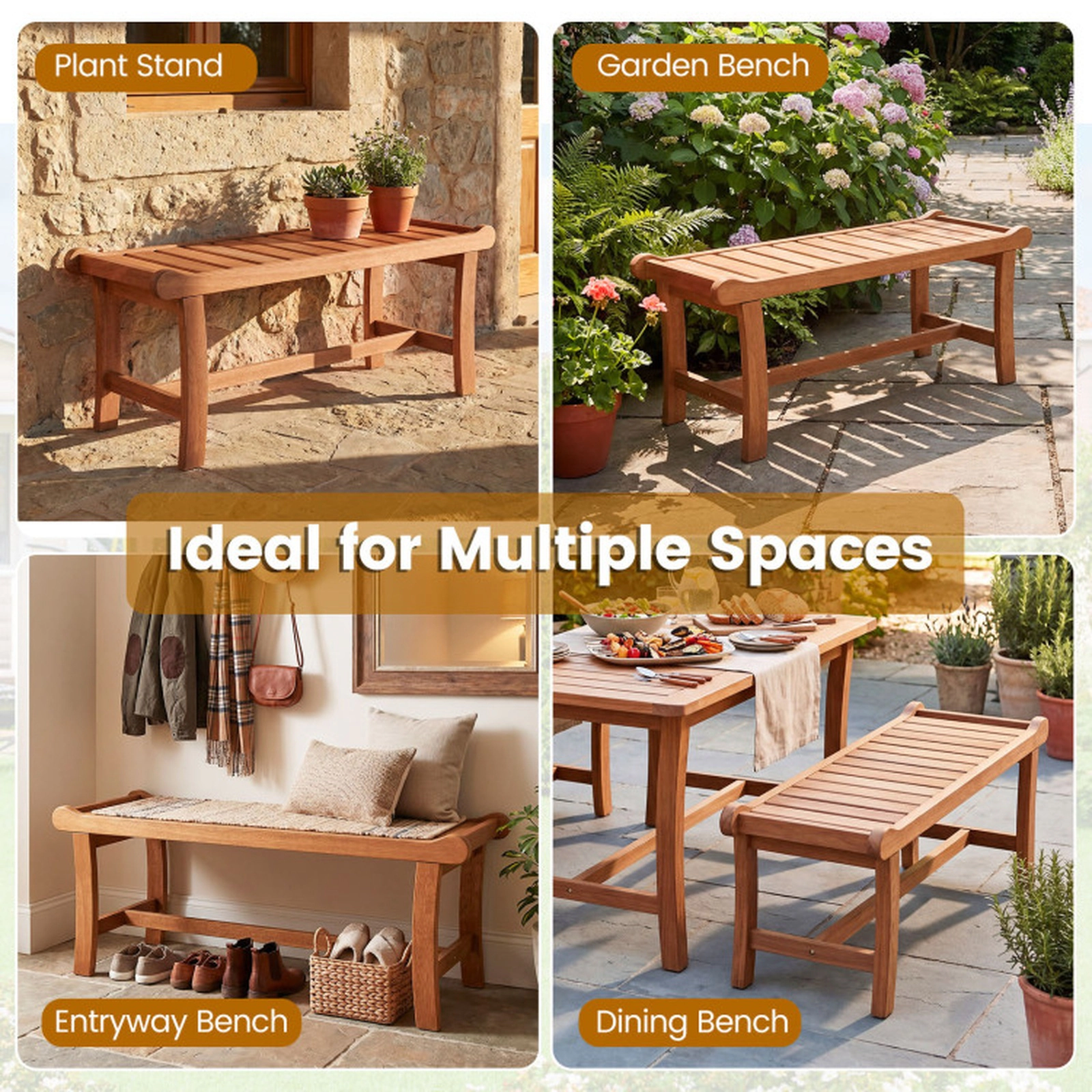 SUGIFT Slatted Seat and Raised Edges 2-Person 41.5 Inch Outdoor Mixed Hardwood Bench