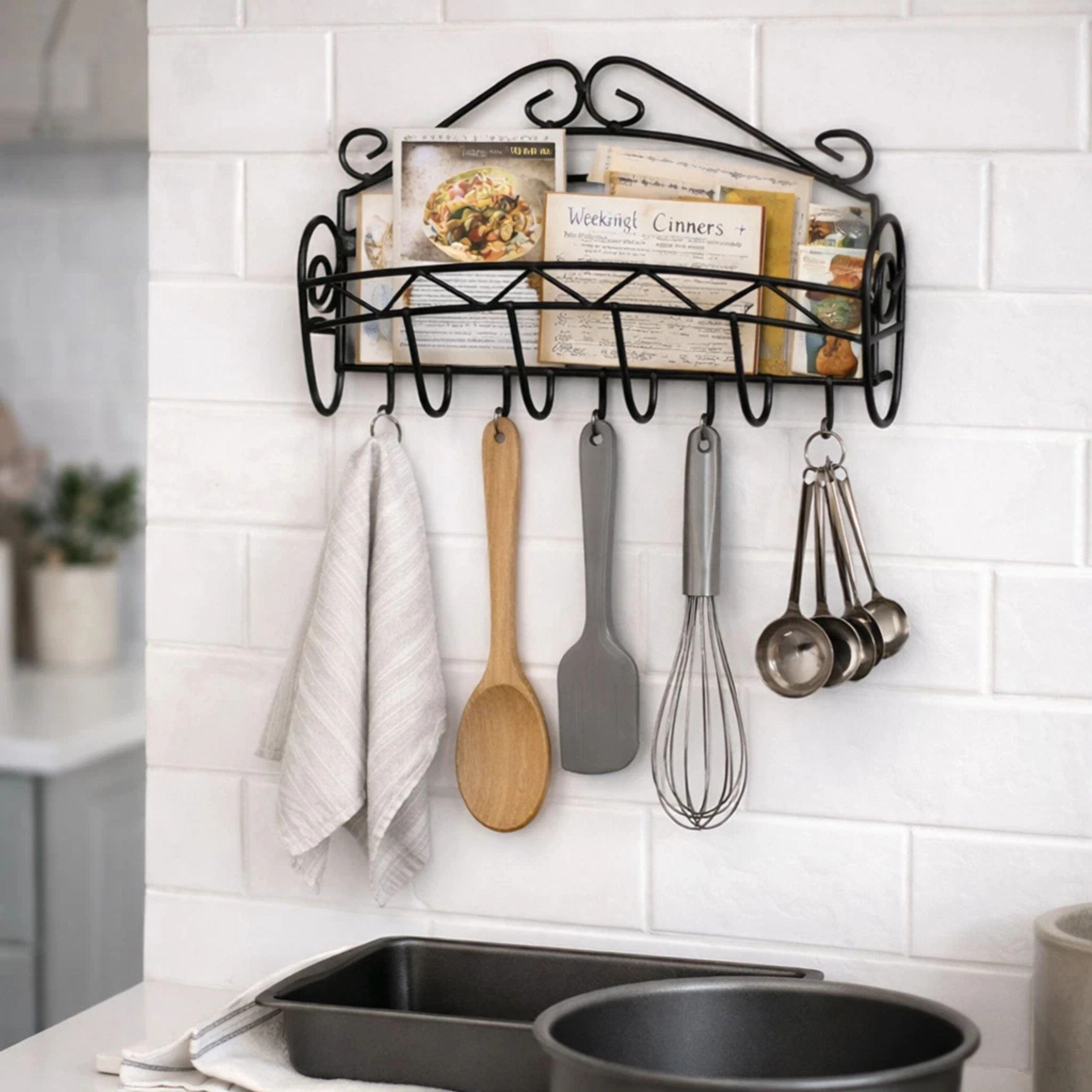 Home Collection Black Wrought Iron Kitchen Wall Organizer with Hooks