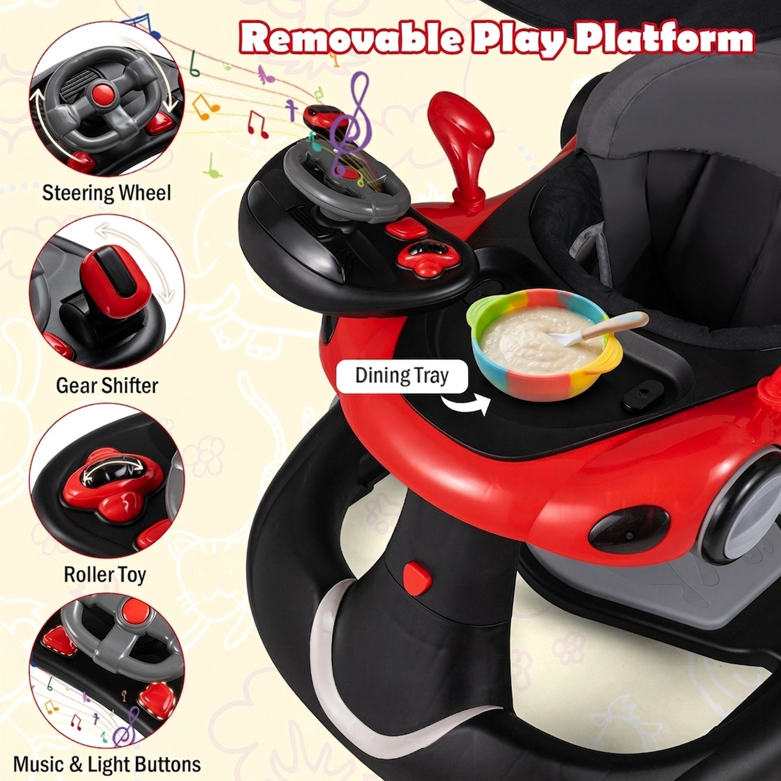 SUGIFT 6-in-1 Baby Walker Activity Center Bouncer Rocker Combo 27-lb Capacity Ages 7-18 Months Red