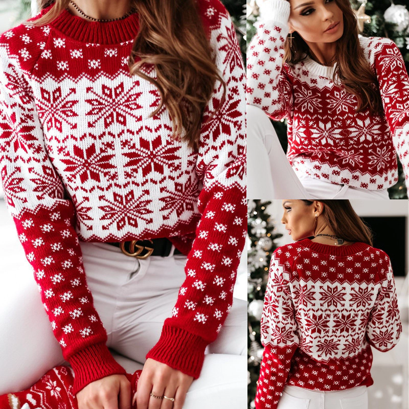 KOJOOIN Christmas Sweater for Women Funny Xmas Nordic Winter Knit Pullover Top Snowflake Print Ugly
