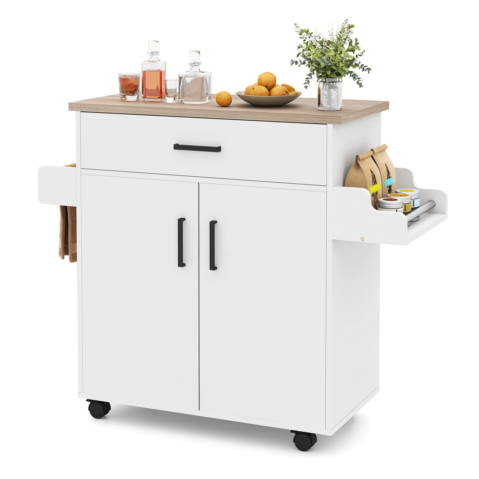 SUGIFT Rolling Kitchen Island Cart White with Wide Drawer and 2-Tier Storage Cabinet