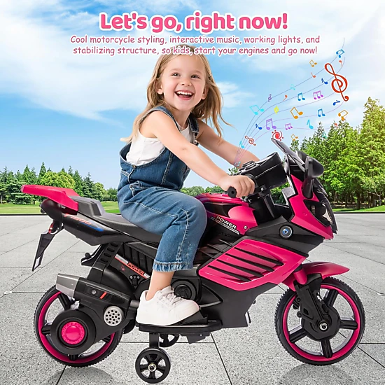 Enjyam 6V Kids Ride On Motorcycle w/Training Wheels, Electric Bike Toy w/Headlight, Horn & Music, Gift for Ages 3-6