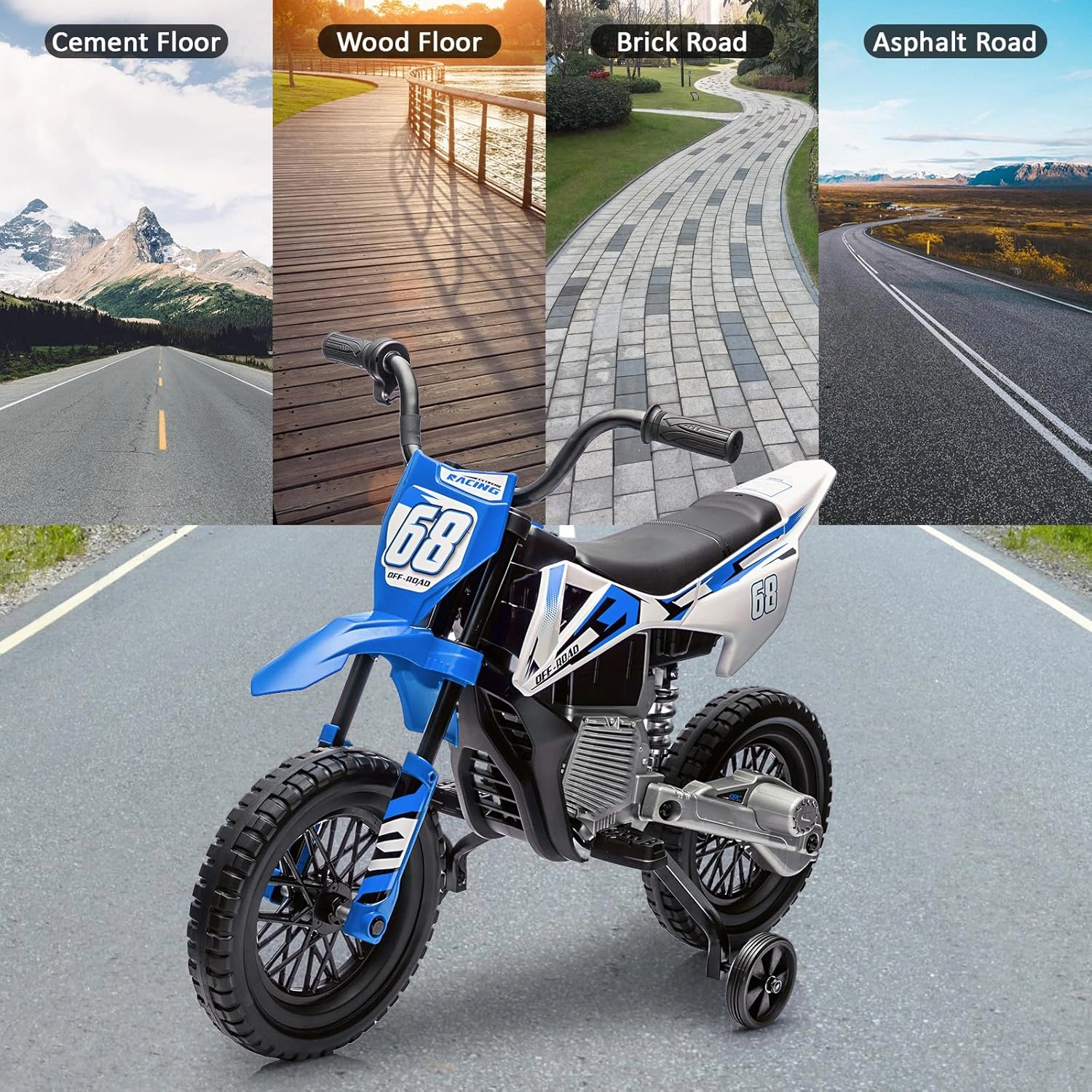 12V Kids Electric Motorcycle w/Training Wheels, Dirt Bike Ride On Toy w/Twist Throttle, Music, Suspension, 3 MPH Max
